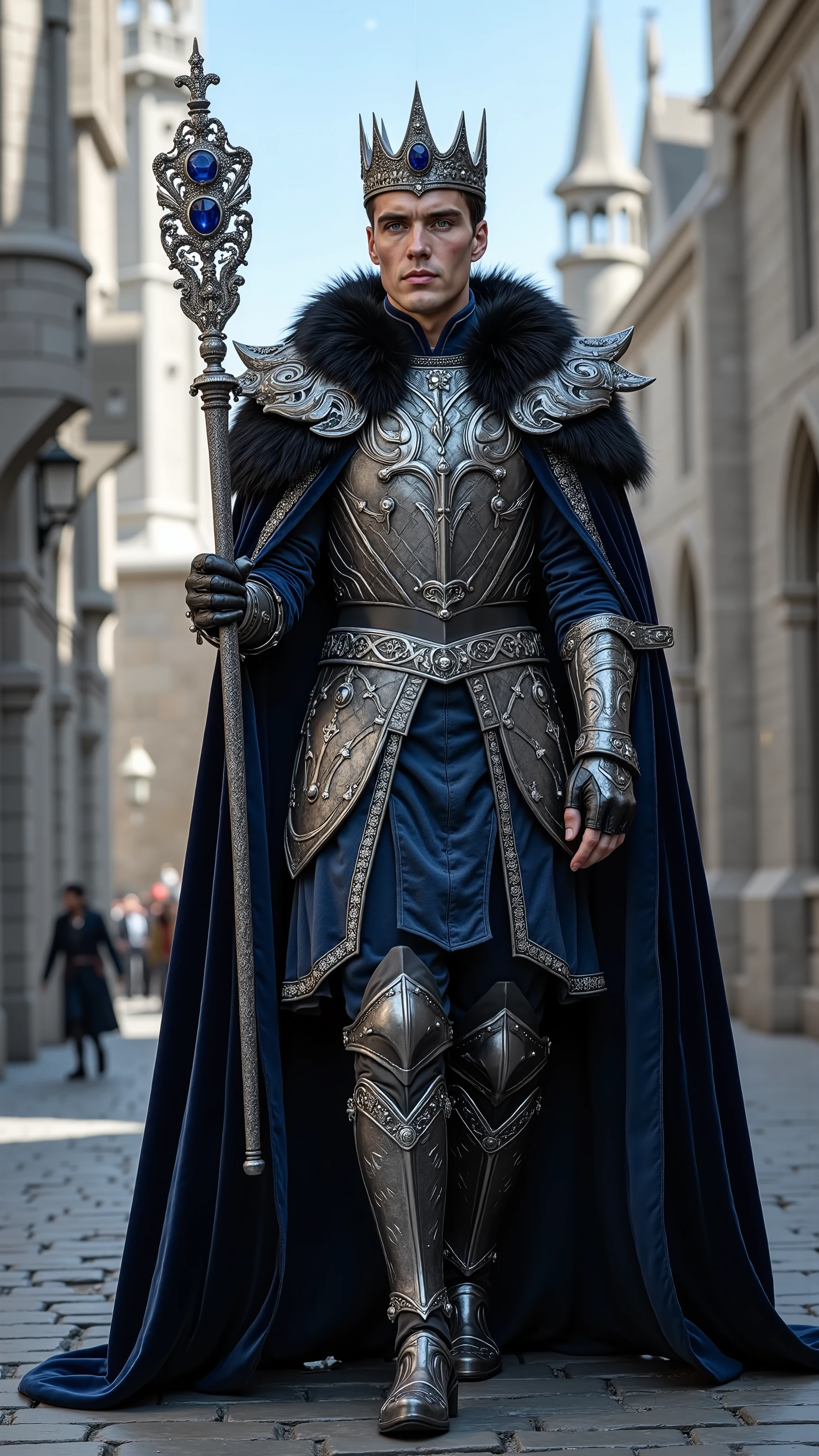 Cillian Murphy reimagined as a Medieval King walking and holding a silver scepter、dramatic atmosphere, 1 male、
Short, slicked-back dark brown hair, piercing ice-blue eyes. A tall, intricate silver crown adorned with sapphires and black diamonds rests upon his head.
He wears ultra-luxurious royal armor crafted from polished silver and deep midnight-blue metal, adorned with engravings of ravens, celestial constellations, and baroque filigree. His breastplate features a central crest of a crowned raven, inlaid with black onyx and sapphire gemstones. The pauldrons are sculpted in the shape of sweeping raven wings, edged with platinum and adorned with small diamond inlays. Draped over his shoulders is a thick, black fox-fur collar, fastened by two silver clasps in the shape of intertwined swords. A deep midnight-blue velvet cloak, embroidered with silver arcane symbols and encrusted with tiny sapphires, cascades behind him. His gauntlets and boots are detailed with gothic arches and sharp silver embellishments, set with black diamonds along the seams.
In one hand, he holds an ornate silver scepter, its shaft wrapped in delicate, swirling engravings of night skies and gothic towers. The top of the scepter is crowned with a large, polished sapphire encased in elaborate silver metalwork, surrounded by smaller black diamonds and deep blue topaz inlays.
, shows his male character's full figure, athletic body, perfect face, full body, extremely beautiful, god, male shape, perfect anatomy, The background features a towering medieval castle built from white grey stone, surrounded by high walls with silver banners flowing in the wind. Gothic spires rise into a blue sky. The castle courtyard is paved with polished black stone, sunny day, photorealistic, masterpiece, realistic, high contrast, 8k, HD, high definition detailed, detailed, hyper detailed, realistic skin texture, best quality, ultra high resolution, hyper realistic, no text, very detailed eyes, dramatic lighting