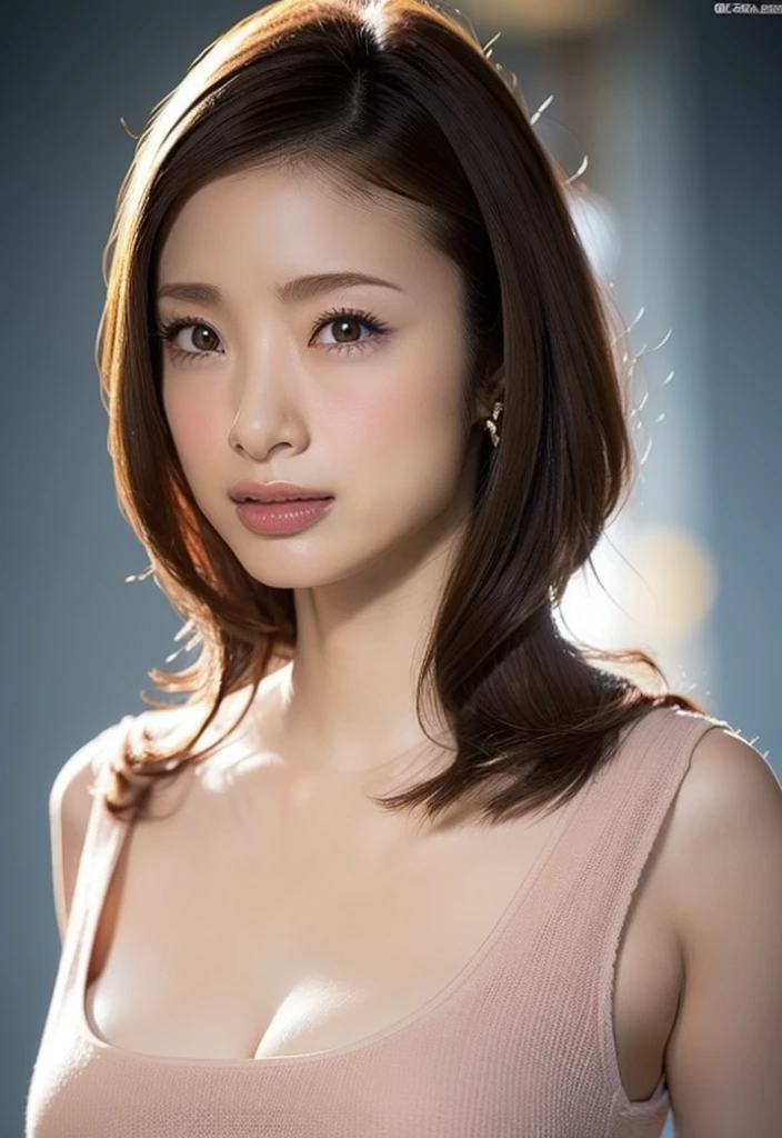 masterpiece, Highest quality, Realistic, (One Mature Woman), Waist up upper body shot, Yellow V-neck light knit shirt, Cleavage, ((View your viewers)), (Thick lips), Please open your mouth a little
