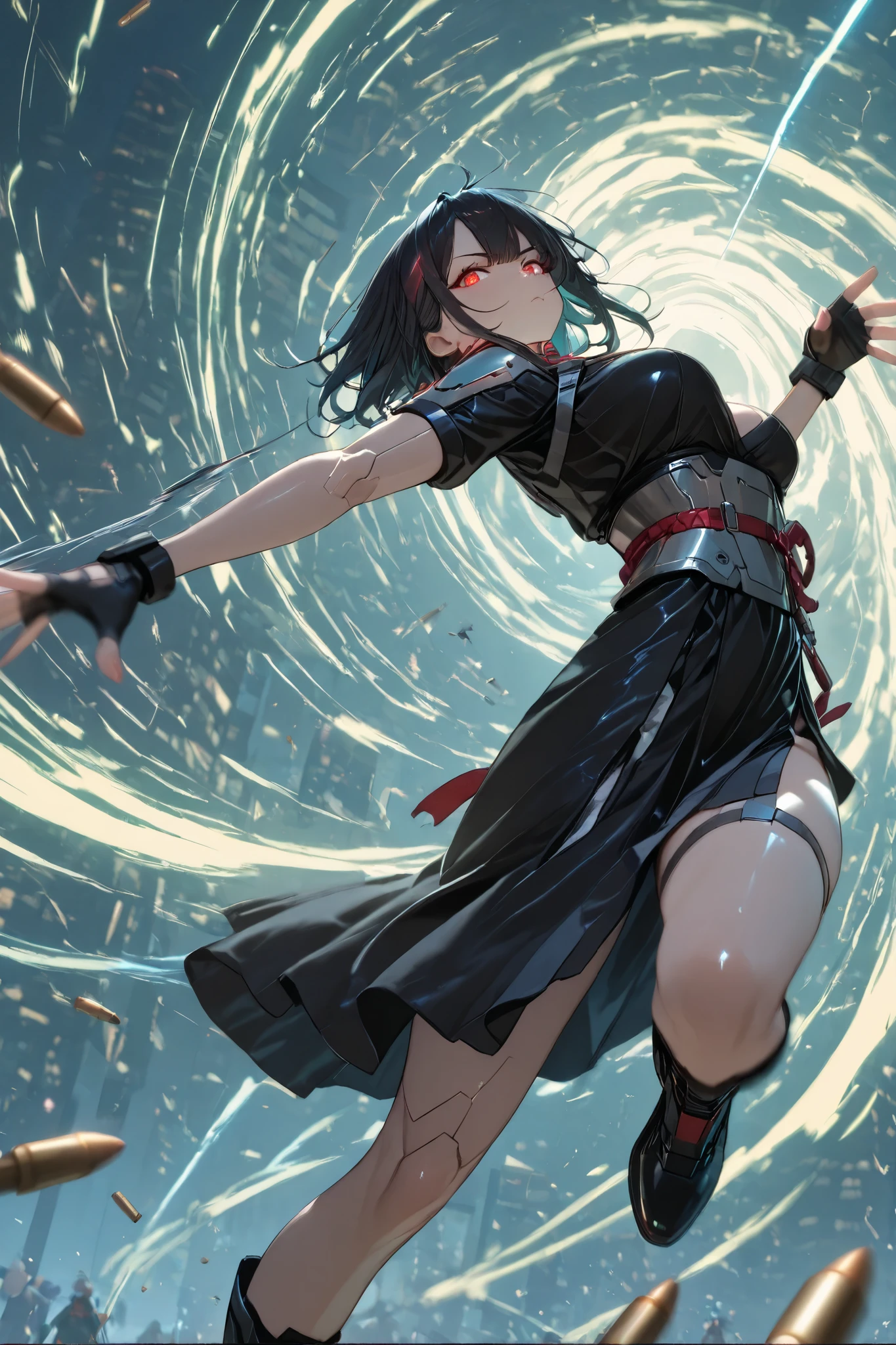 Bullet Time Dodge 、Glowing red eyes.、Bullet Trails、A high-energy slow-motion action scene, extreme perspective. Bullets flying towards the viewer, distorted air trails creating depth. The female warrior dodges in a curved motion, creating a dynamic 3D effect.A dynamic slow-motion scene, a female warrior bending backward to dodge bullets. Her body arcs dramatically, her hand reaching forward as bullets graze past her face. Extreme perspective and cinematic depth.anime,anime, Black dress dress. Obi. Fluttering skirt.hand, Beautiful thighs, fingerless gloves. Female spy. Acrobatic pose.
cyberpunk,modernretroanime,anime art,(masterpiece, detailed:1.2),xss
、perspective、Bullet Trails、Distorted Air、Motion Blur, Slow Motion、Evasive Maneuver、Dramatic Lighting,
