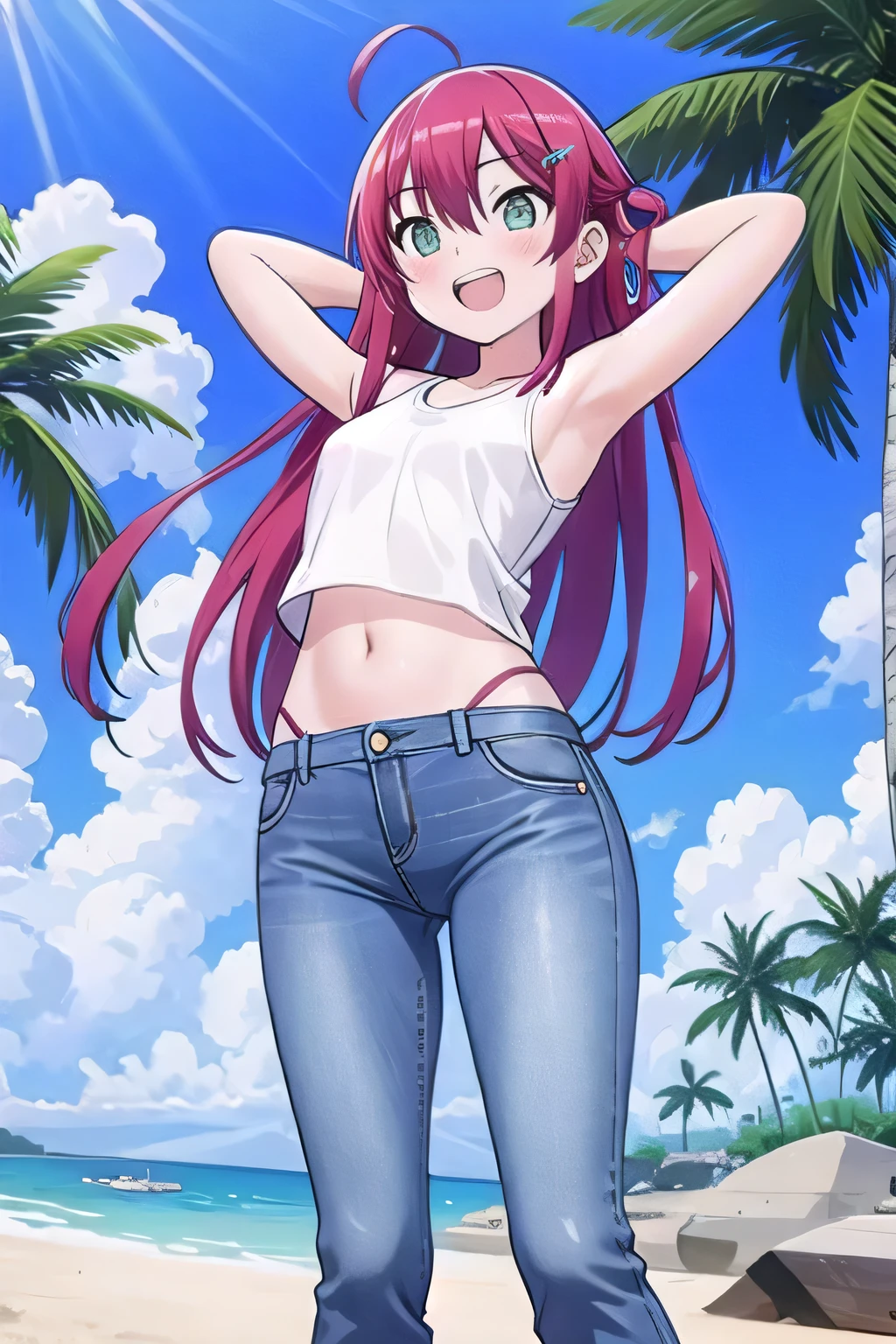 1girl, solo, long hair, navel, blue eyes, red hair, looking at viewer, midriff, outdoors, cleavage, day, stomach, thighs, medium breasts, very long pony tail, smile, beach, standing, full body, ((shoulder cutout, off-shoulder shirt, pink shirt,denim shorts, denim, bare shoulders, off shoulder, short sleeves, shorts, shorts, shirt, crop top, sandals)),