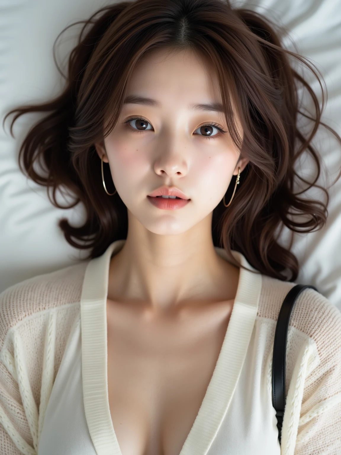 Best quality, masterpiece, high resolution, 8k uhd, high quality, volumetric lighting, high resolution, 4k, 8k, busty woman, beautiful face, big brown waves, sitting on sofa, shoulder bag hip skirt