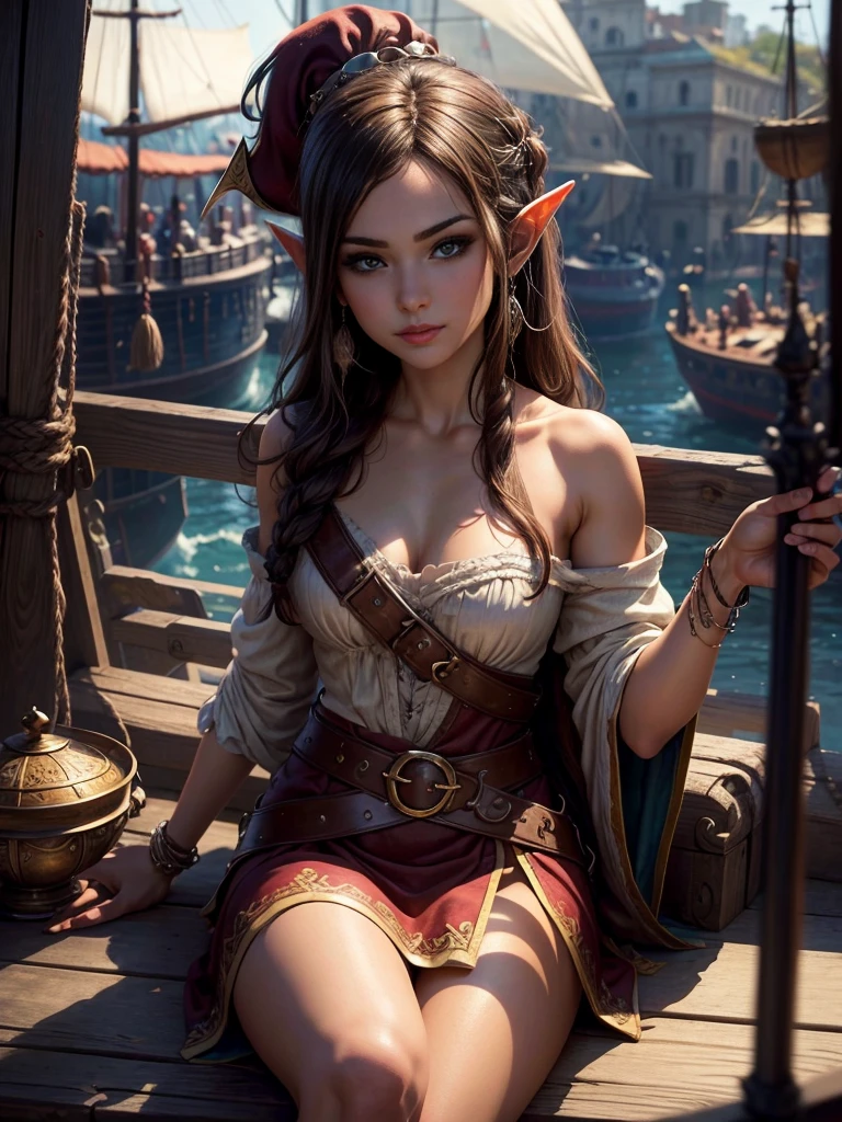 ((Medieval fantasy setting)). Tags: super detail, high details, high quality, best quality, highres, 4K, detailed face, face fix, detailed hands, detailed fingers, portret, 1girl "Echo is a 22-year-old half-elf. She has light brown skin. Thick light chestnut hair with caramel highlights and soft waves. Brown eyes with green hues. Her beautiful face is oval with soft features and pronounced cheekbones. She has full and attractive lips with a natural blush. A slight scar over her right eyebrow. Her ears are small like a human's but pointed like an elf's. Her physique is athletic and slim, she toned and flexible. She has a round and elastic body shapes."
Clothing. Style: A light sundress of medium length that fits the upper part of the body and falls freely to the middle of the thighs. V-neckline on the chest emphasizes the neck and cleavage. The straps are thin, cross on the back, revealing the shoulders.
Color: Light turquoise or light green.
Details: On the waist - a thin belt of the same material that emphasizes the figure. The dress has a small slit on the side, which allows you to move freely. The fabric is transparent in the light, which gives lightness and a feeling of weightlessness, ideal for summer walks.
Background: Sunny day market square of a small medieval province.
Tags: ((Cameltoe)), (Nipple Outline), (covered nipples), (covered pussy), ((Ass Outline)), (Butt Crack)