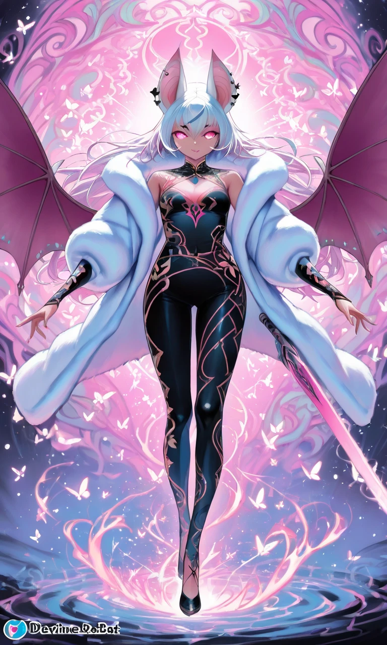 Create a 3D image of a full Body (one girl) in a fur coat, reminiscent of 19th century Chinese painting and engraving styles. The coat is elegantly drawn with intricate patterns and colors of blue, vibrant, and white. A softly glowing lighting energy covers the entire scene, highlighting the silhouette of the girl and creating a dramatic effect. The girl holds a long Chinese sword, adorned with ornate details. Emphasize the contrast between the modern and traditional styles, as if captured at the moment the lighting energy peaks. Use rich colors and textures to enhance the overall quality.butterfly,(Devine bat:1.5), detailed face and eyes, dynamic pose,(bat wings),