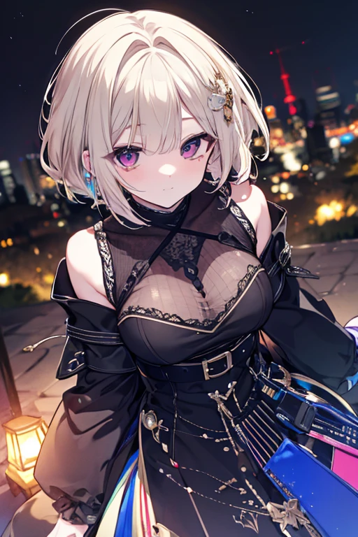 Masterpiece, high quality, high quality illustration, vast expanse of medieval cityscape, one girl, solo, (((( dress, V-neck, fluorescent luminescent lamé and see-through material produced, )))) long sleeves, long dress, delicate and super detailed embroidery, ((cute, super cute, incredibly ridiculous cuteness)) looking at you, ((blush)), raw girl ((from above)), shy pose,