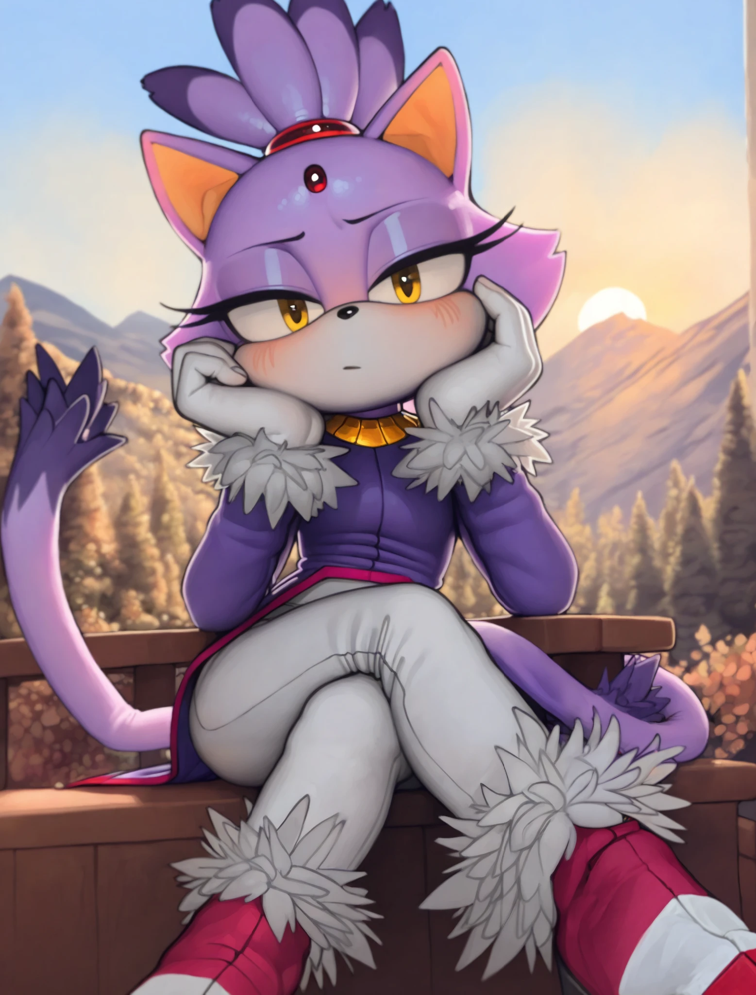 solo, toony, sitting on bench, park, low-angle view,
operakranz, intersex, gynomorph, feline, ([pink|purple] fur:0.8), (purple hair:0.5), clothed, <lora:operakranz:1>