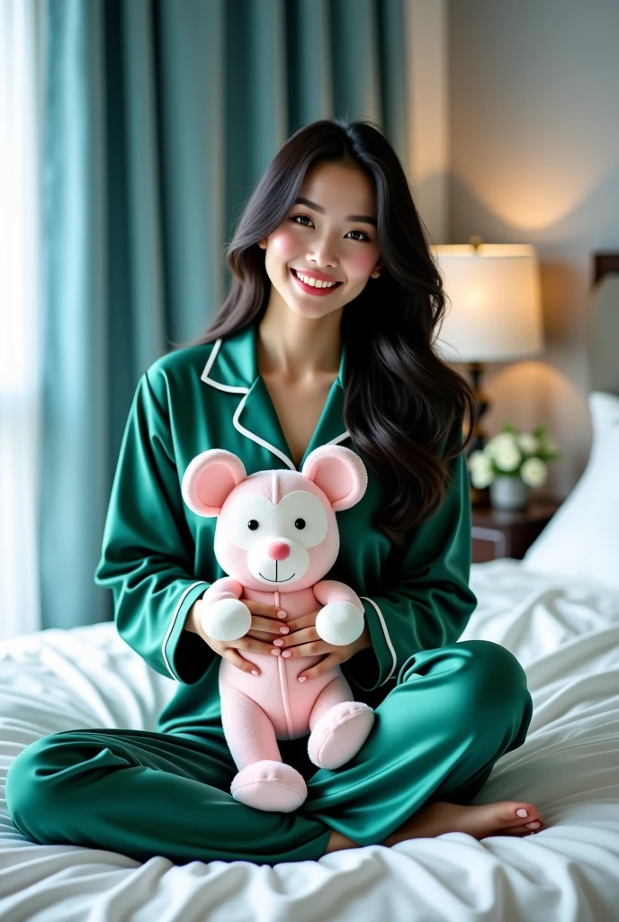 Parents look at the baby in the cradle wearing a bunny hat and smile. The baby smiles and stretches out his hands like little pink elves flying around the parents.
