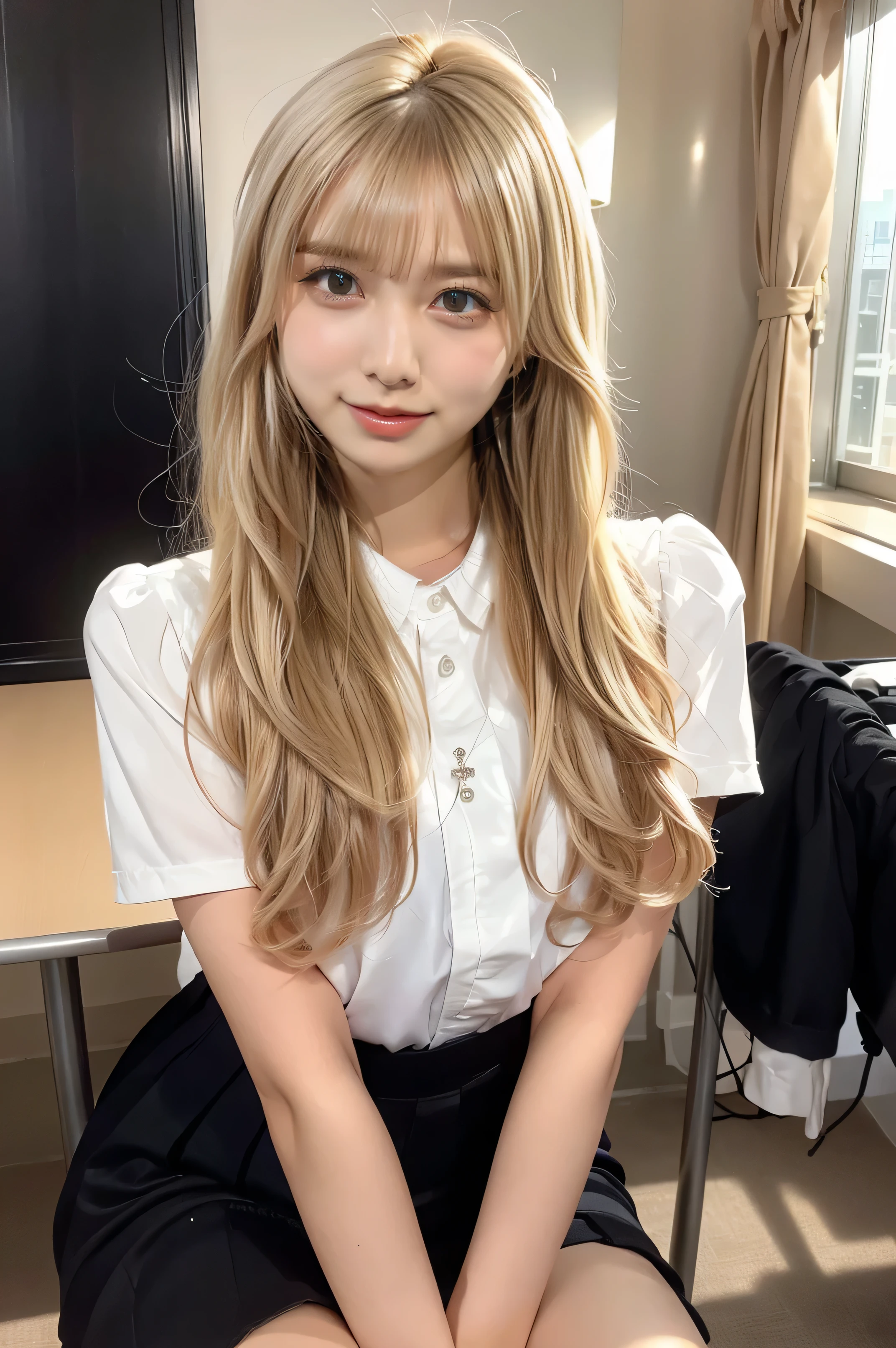 candy, 1 girl, alone、( cowboy shooting、 top quality 、8k、 winning work 、 super high resolution structure )、 ((( Head to toe images 、 full body photo)))、 ((beautiful beautiful hands、 Five beautiful slender fingers 、perfect hands in full nudity))、beauty 、( school uniform、Short sleeve、White shirt、 white collar、Ribbon tie、check mini skirt、 Sexy Breasts:1.1)、 Perfect big 、( blonde hair:1.8)、 bright color contact 、 Perfect Gal Makeup、 bright and shiny lipstick 、Very sexy lips、( heavy makeup for women :1.2)、( Perfect and beautiful teeth {x} Many people with prominent teeth have a super high resolution structure . {x} dark brown and beige eye makeup :1.1)、 Beautiful bright eyeshadow 、 dark makeup 、( Big Breasts:1.2)、 Very Long Wavy Hair 、(Romantic affection:1.1)、 he is looking at me with the best smile 、( Beautifully detailed school classroom background pictures ...................:1.1)、( bright 、 detailed beautiful classroom background:1.1)、( school desk background :1.1)、 accurate anatomy、 Ultra HD Hair 、( perfect 美しい teeth with super high resolution structure :1.1)、 beautiful product Ultra High Resolution Face 、 Super long hair with super high resolution curls 、 crystal clear bang 、Ultra HD Shining Eyes、 Ultra High Resolution Structure made by CALVIN KLEIN 、 Glossy lips with an super high resolution structure 、 harry winston necklace , SHOW OFF YOUR PERFECT BODY WITH A 白色のシャツ , Heavy chest, School uniforms that emphasize body lines、jeweled accessories that accentuate your body lines , (( beautiful thighs 、 beautiful knees 、 white loose socks ))、、