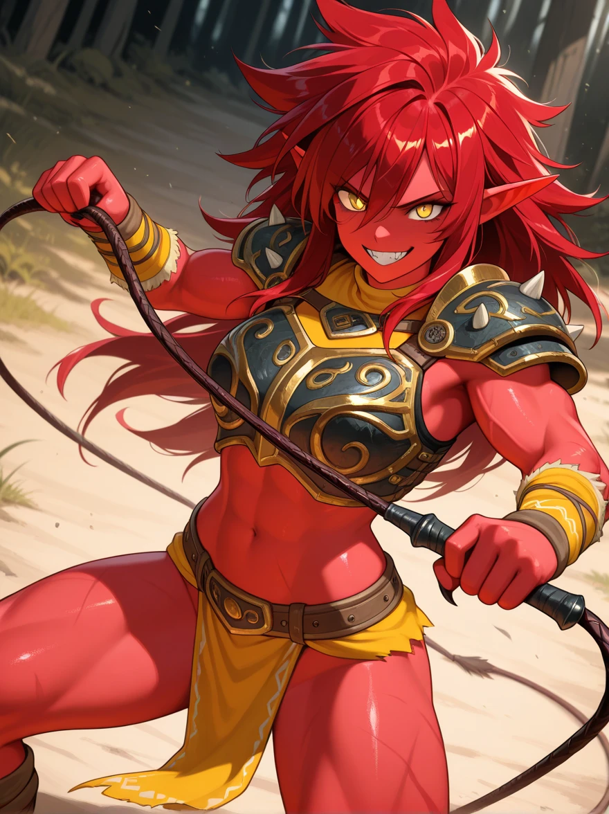 solo, female, close up, very tall, fit, abs, muscular, thin waist, tan, long auburn hair, scars, ponytail, big hair, wild hair, yellow eyes, slit pupils, red dragon tail, red scaly head fins, red scales on arms, scale hands:1.3, dragon claw hands, day, confident smile, bastard sword, scale armor, bikini armor, huge sword, very large breasts, medieval town, confident, abs, fire tail, billowing cape, facing viewer