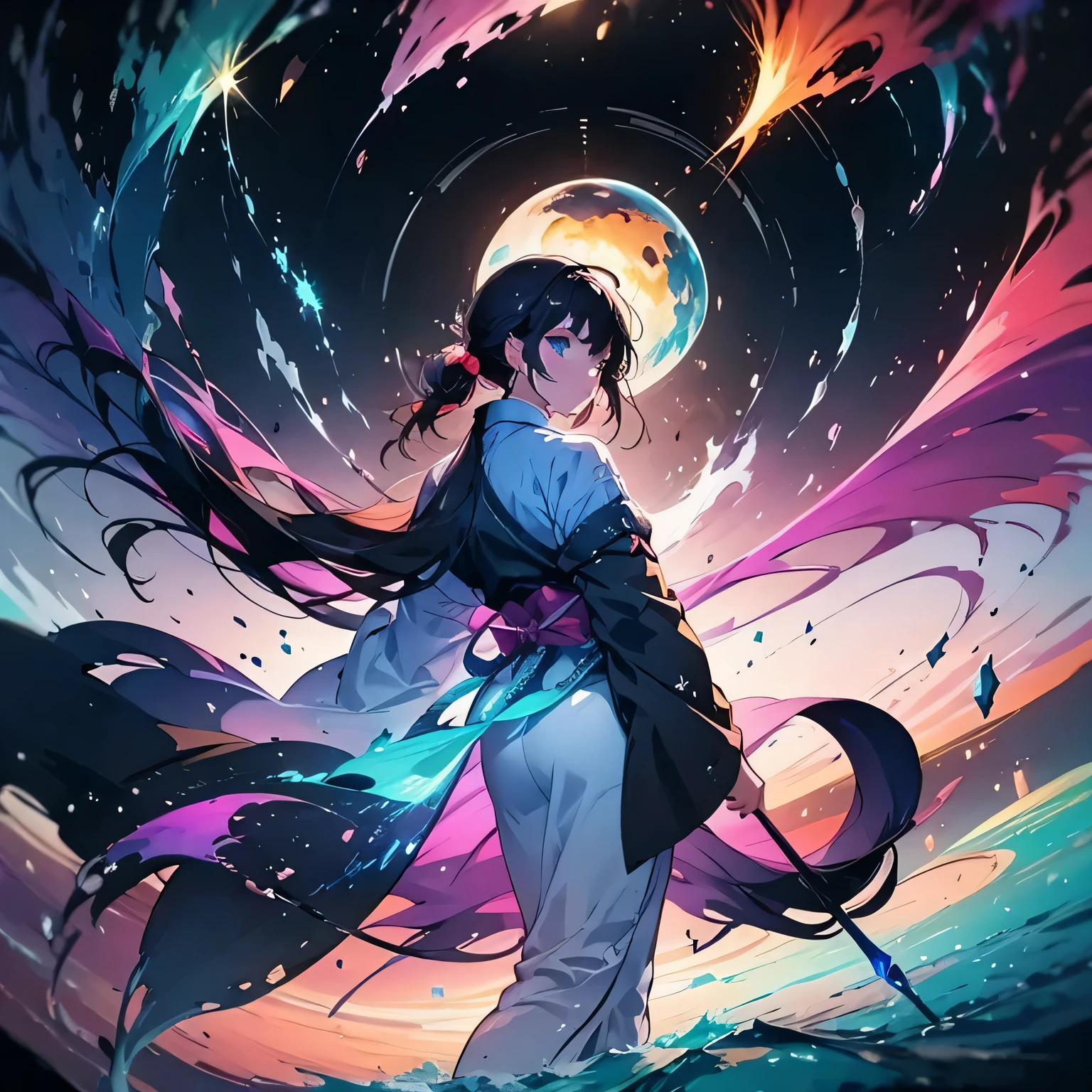A breathtaking, surreal anime-style illustration of a celestial traveler floating through a cosmic ocean. The traveler wears an elegant, flowing robe infused with the colors of a nebula, adorned with glowing constellations and shimmering threads of stardust. Their eyes reflect the universe itself, swirling with galaxies and distant planets. Ethereal jellyfish made of pure light drift through the sky like floating lanterns, illuminating the scene with a soft, magical glow. The ocean below is not water, but liquid glass, reflecting an endless sky filled with celestial beings and floating islands made of crystal and forgotten memories. The scene exudes a dreamlike, otherworldly atmosphere, blending fantasy, cosmic energy, and the beauty of the unknown.