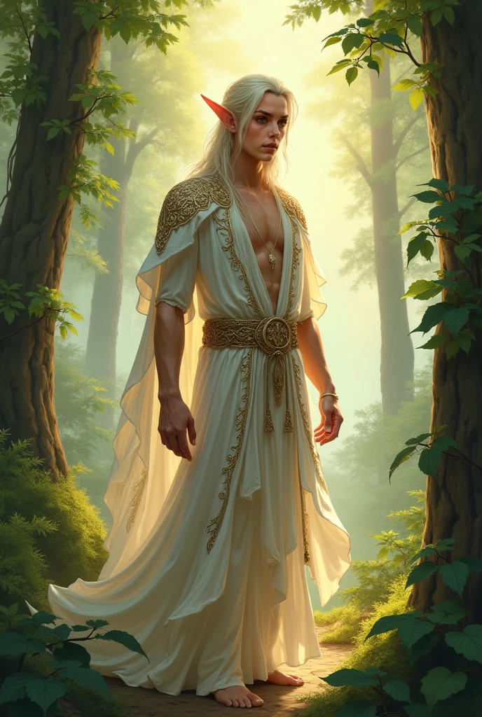 art by Anne-Louis Girodet, full body and head fantasy painting, of manly young adult elf, facial hair, golden hair color, buzzcut, sitting on a rock in a dense misty forest, wearing grey robes, oil painting, coarse brushstrokes, digital painting, character concept art, manly pose, masterpiece, best quality, detailed art