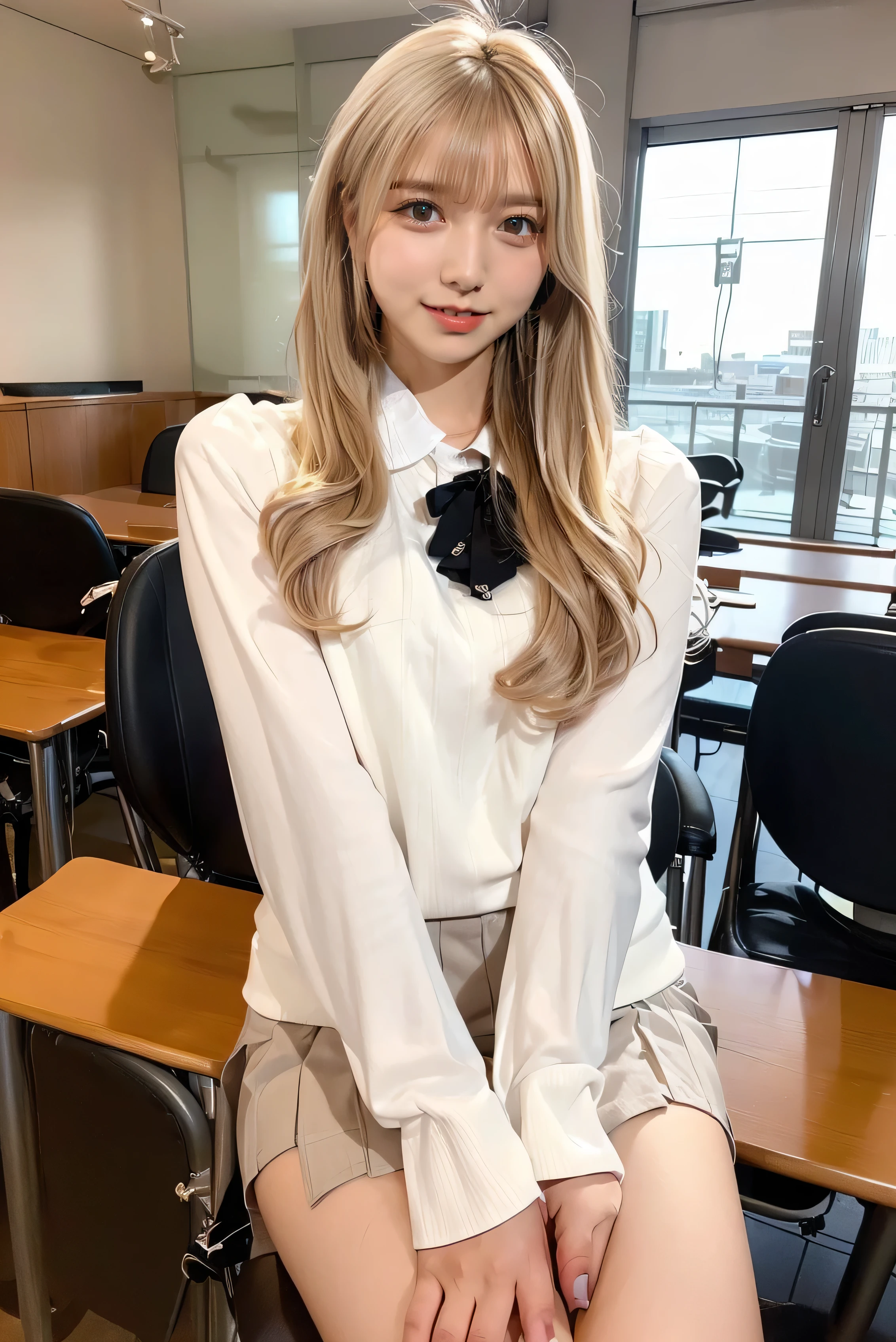 candy, 1 girl, alone、( cowboy shooting、 top quality 、8k、 winning work 、 super high resolution structure )、 ((( Head to toe images 、 full body photo)))、 ((beautiful beautiful hands、 Five beautiful slender fingers 、perfect hands in full nudity))、beauty 、( school uniform、Short sleeve、White shirt、 white collar、Ribbon tie、check mini skirt、 Sexy Breasts:1.1)、 Perfect big 、( blonde hair:1.8)、 bright color contact 、 Perfect Gal Makeup、 bright and shiny lipstick 、Very sexy lips、( heavy makeup for women :1.2)、( Perfect and beautiful teeth {x} Many people with prominent teeth have a super high resolution structure . {x} dark brown and beige eye makeup :1.1)、 Beautiful bright eyeshadow 、 dark makeup 、( Big Breasts:1.2)、 Very Long Wavy Hair 、(Romantic affection:1.1)、 he is looking at me with the best smile 、( Beautifully detailed school classroom background pictures ...................:1.1)、( bright 、 detailed beautiful classroom background:1.1)、( school desk background :1.1)、 accurate anatomy、 Ultra HD Hair 、( perfect 美しい teeth with super high resolution structure :1.1)、 beautiful product Ultra High Resolution Face 、 Super long hair with super high resolution curls 、 crystal clear bang 、Ultra HD Shining Eyes、 Ultra High Resolution Structure made by CALVIN KLEIN 、 Glossy lips with an super high resolution structure 、 harry winston necklace , SHOW OFF YOUR PERFECT BODY WITH A 白色のシャツ , Heavy chest, School uniforms that emphasize body lines、jeweled accessories that accentuate your body lines , (( beautiful thighs 、 beautiful knees 、 white loose socks ))、、