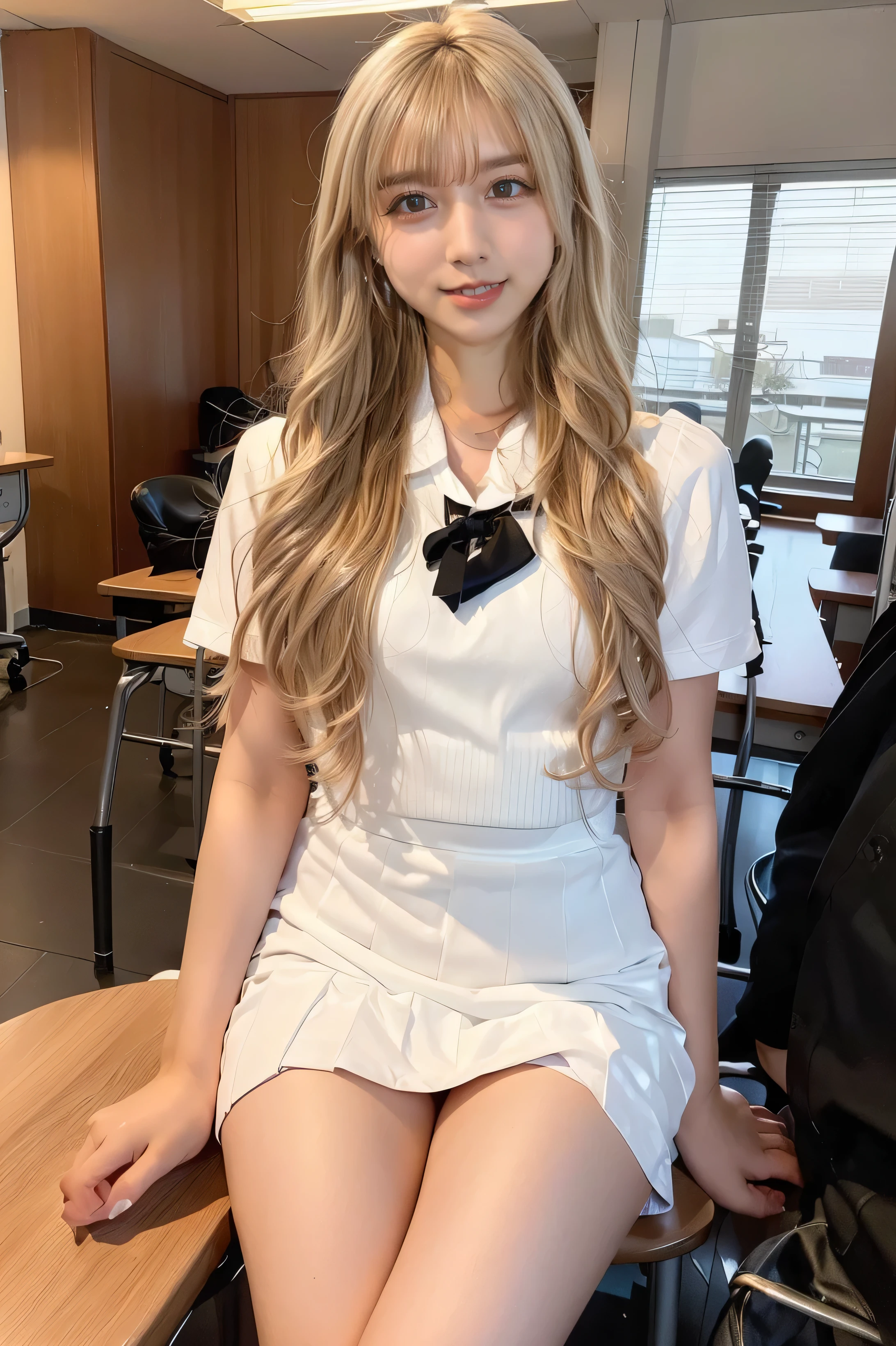   candy, 1 girl, alone、(   cowboy shooting、   top quality  、8k、     winning work     、           super high resolution structure             )、   (((  Head to toe images  、   full body photo)))、   ((beautiful beautiful hands、 Five beautiful slender fingers 、perfect hands in full nudity))、beauty 、(  school uniform、Short sleeve、White shirt、 white collar、Ribbon tie、check mini skirt、   　Sexy Breasts:1.1)、 Perfect big  、( blonde hair:1.8)、         bright color contact       、    Perfect Gal Makeup、     bright and shiny lipstick  、Very sexy lips、( heavy makeup for women       :1.2)、(          Perfect and beautiful teeth  {x}  Many people with prominent teeth have a  super high resolution structure . {x}   dark brown and beige eye makeup    :1.1)、       Beautiful  bright eyeshadow   、 dark makeup 、(     Big Breasts:1.2)、        Very Long Wavy Hair      、(Romantic affection:1.1)、             he is looking at me with the best smile                  、(   Beautifully detailed school classroom background pictures          ...................:1.1)、(       bright 、 detailed beautiful classroom background:1.1)、(    school desk background      :1.1)、       accurate anatomy、       Ultra HD Hair  、(        perfect   美しい teeth with       super high resolution structure           :1.1)、       beautiful product　Ultra High Resolution Face       、              Super long hair with super high resolution curls            、  crystal clear bang 、Ultra HD Shining Eyes、      Ultra High Resolution Structure made by CALVIN KLEIN  、     Glossy lips with an       super high resolution structure            、       harry winston necklace      ,      SHOW OFF YOUR PERFECT BODY WITH A 白色のシャツ   , Heavy chest,     School uniforms that emphasize body lines、jeweled accessories that accentuate your body lines      ,         ((   beautiful thighs 、    beautiful knees    、    white loose socks    ))、、