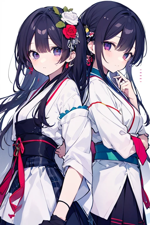 Normal of chest、masterpiece、8K wallpapers incorporating detailed CG、Two girls and two boys、12 years old、Baby Face、beautiful、smile、、Genuine、Blurred、Blurred_background、Blurred_prospect、branch、Plum offlower、depth_of_Field、flower、gem、nose、Realistic、pale black hair、alone、Shrine maiden costume、Hide your fingers、Hide your arms、Just put on a bra、whole body、Long Hair、Straight bangs、