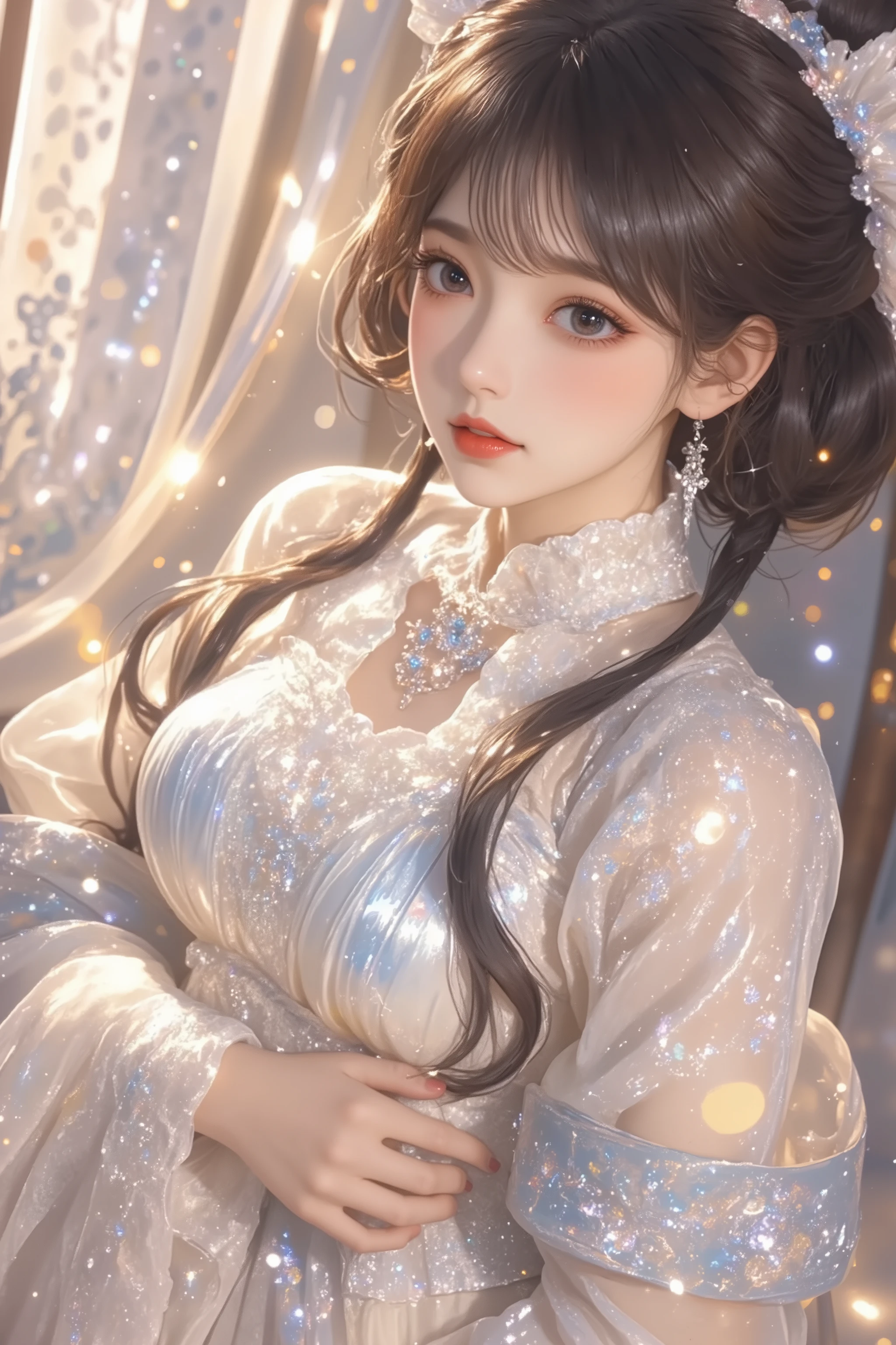 best quality, ultra-detailed, huge filesize, wallpaper, day, indoor, chair, curtain, bishoujo, black hair, long hair, bob cut, black eyes, red eyeshadow, big breasts, hair bow, smirk, stand, head tilt, hand on own chest, gorgeous, big top sleeves
