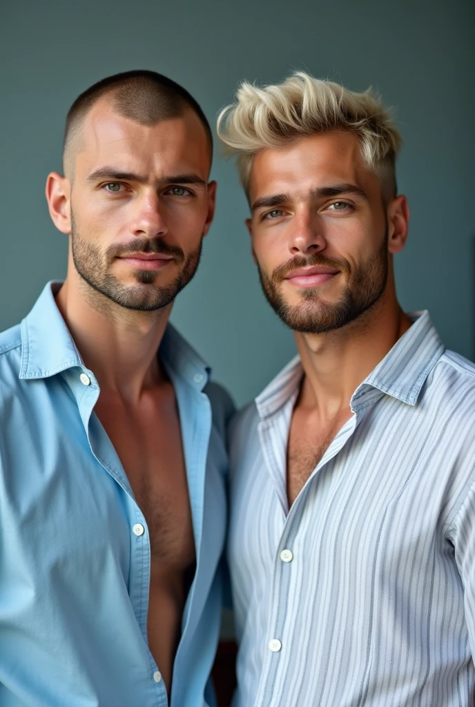 25-year-old young man ,Two shirtless, muscular guys , bare, Has white hair and blue eyes. , bareกาย องคชาตใหญ่, hug and kiss, Wet