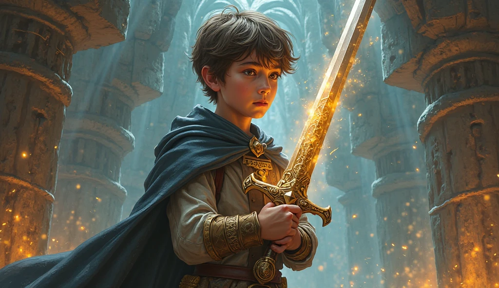 A boy with dark hair holding a dagger wearing a robe from a Magic school with blue eyes, The background of a dark room