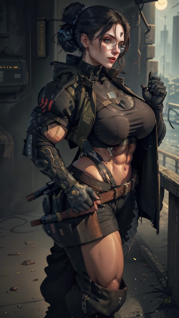 raw, realistic, 35mm, ultra wide, Muscular female figure with a techwear jacket and cybernetic arms and many tattoos in abandoned factory background, neon signs, dof