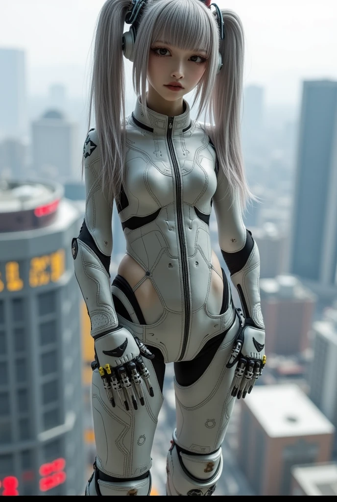(masterpiece, 1 girl, stunning, cute, impressive, absurdres, highres, hands on hip), detailed face, detailed eyes, ((futuristic grey skin suit, fit, beautiful)), full body view, professionally made, cover art，(((full body)))，foot sneakers，sexy，sexy girl，((futuristic grey skin sneakers))