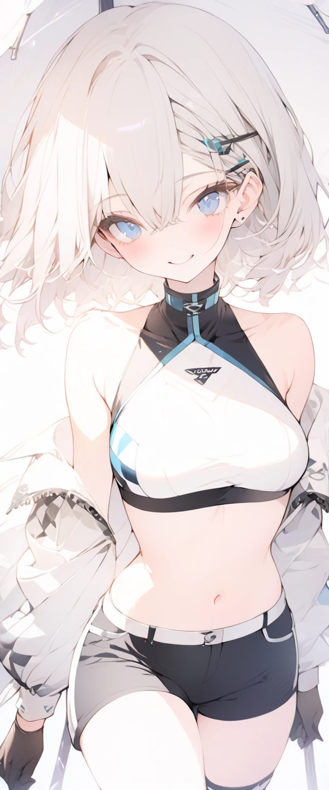 beautiful, masterpiece, Highest quality, anime, One girl, C Cup,Portrait Shot, View your viewers, Covered、Short Hair、nearby、Blue Eyes、art、、White hair,Blue streaked hair、wallpaper、hairpin、Cute smile、Thighs、Sci-fi body harness、Nipples、Armpit、Sci-fi full harness、Nude、Sci-fi full stockings、Sci-fi body stockings