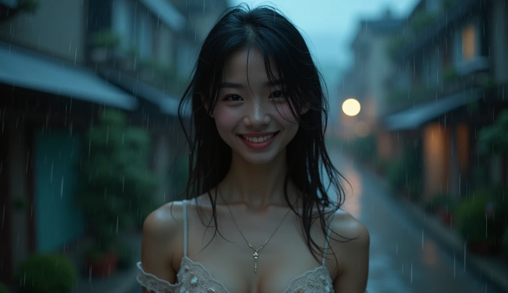 Wet roads ,drenched, Dripping, Wet Face,Wet clothes, Wet Skin, Wet Hair,A young woman with a cute face like a Japanese idol,Laugh a little,(Cleavage),((Cinema Lighting),(Natural light),(High level of artistry),(artistic),(Indistinguishable quality from the real thing),RAW Photos,Genuine,Genuine,High resolution,RAW Photos,masterpiece, beautiful