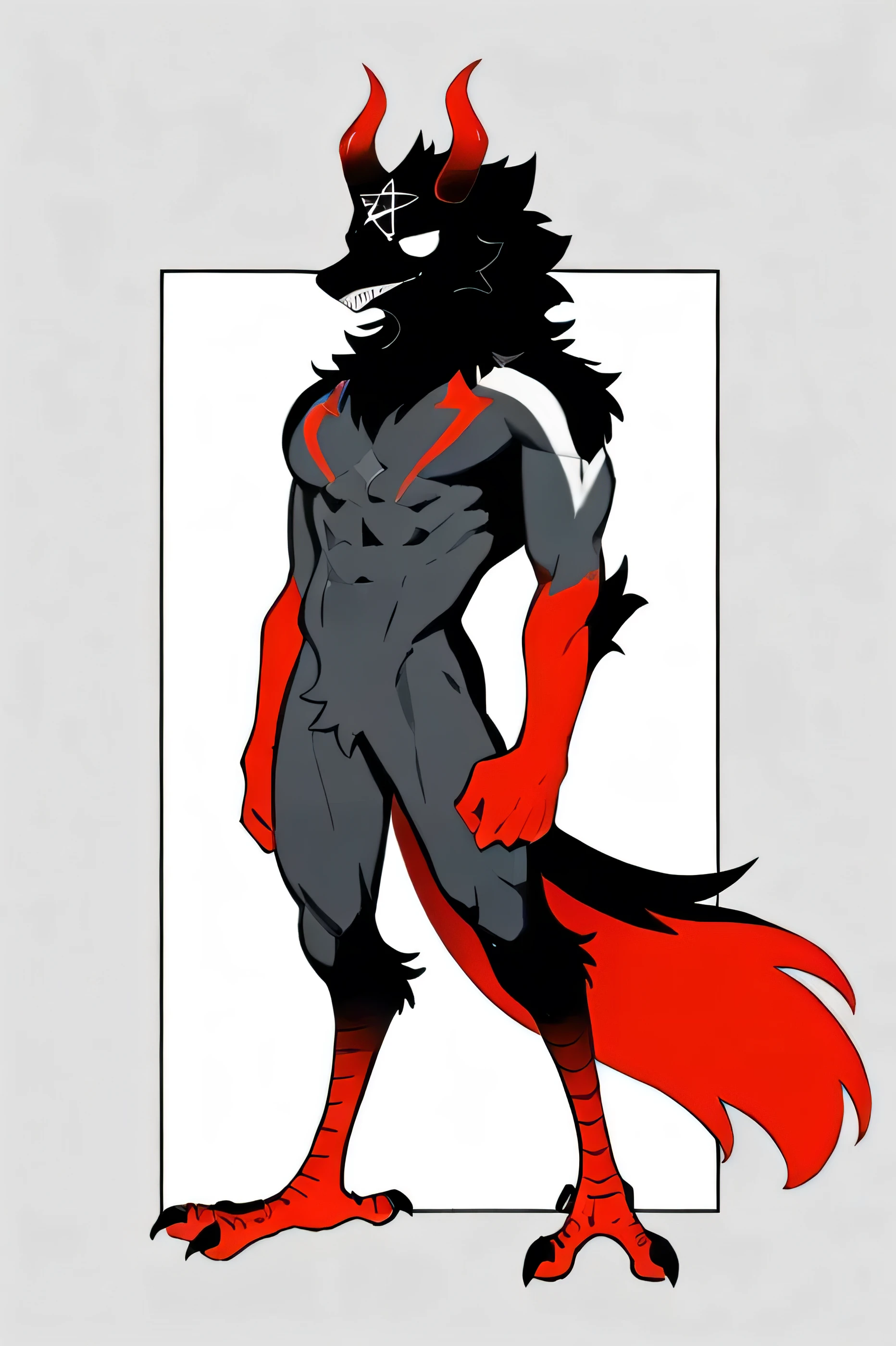 a black wolf furry, uploaded on e621, male, purple eyes, attractive, anthro, alone, standing, full body, evil, refsheet, thin, demon sigils, red halo