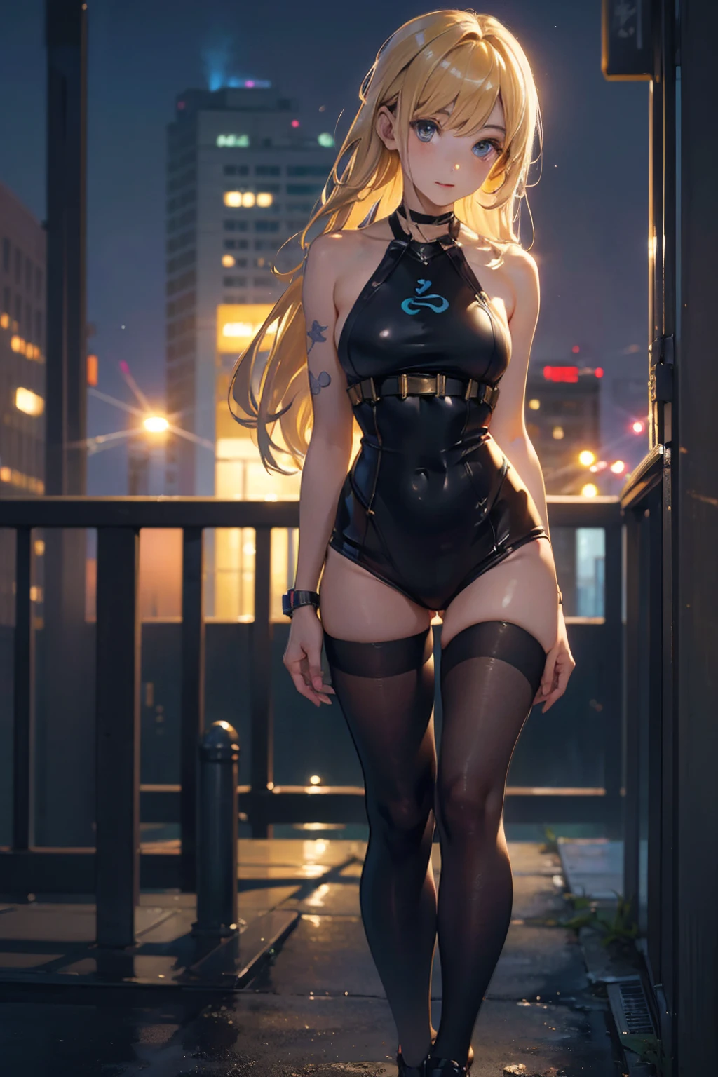 masterpiece, best quality, agrias, grey sweater, tight black leotard, standing, looking at viewer, blonde hair, superhero, bare legs, matching thigh-high boots, city backdrop