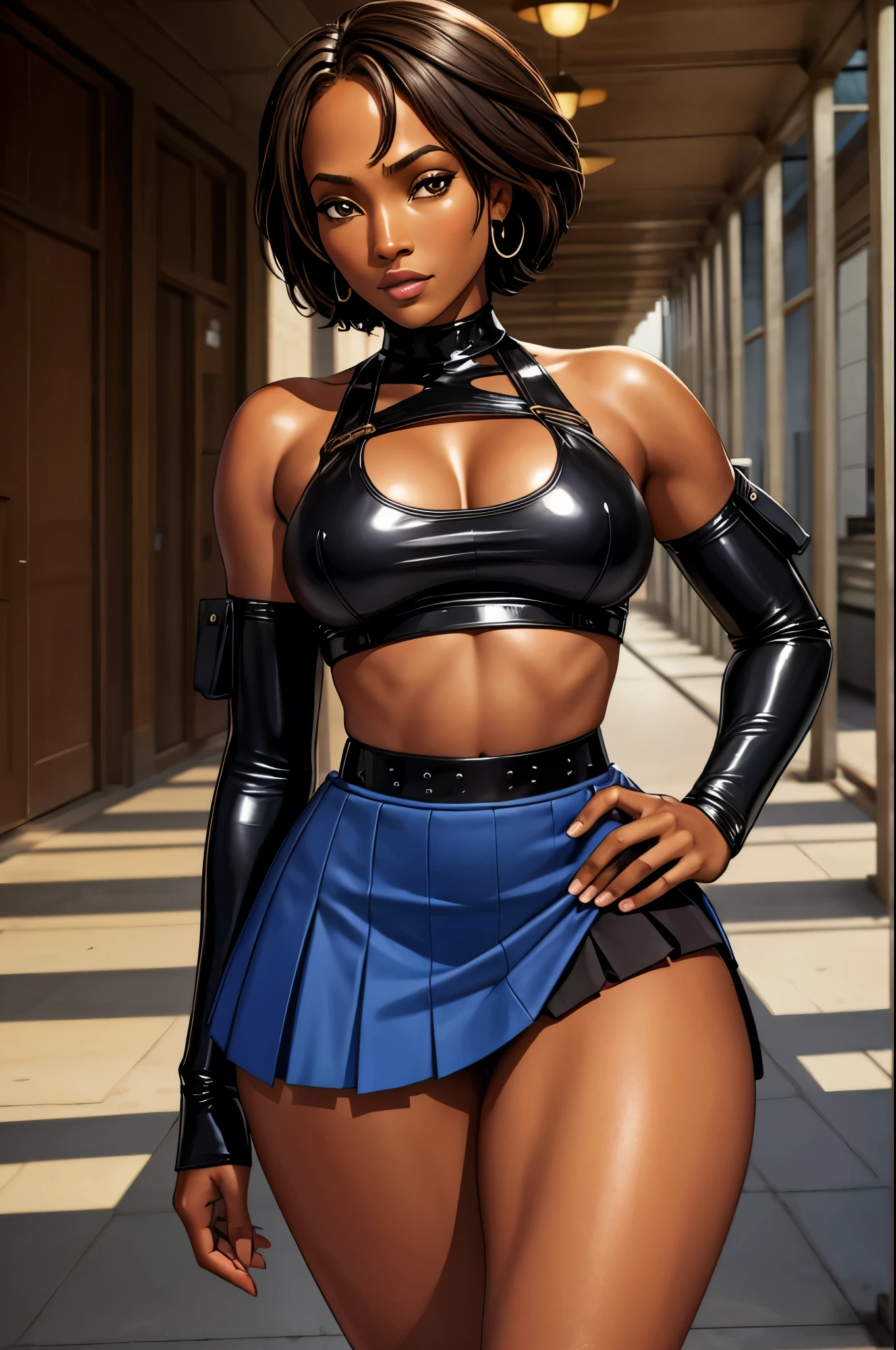 big breasts,1Adult girl, Alone, expressive eyes ((black fur: 1.4, red tips, multicolored bob, choker)), double eyelids, light effect in the eyes, Brown eyes, adult woman, mqmf, (black cap , pleated skirt, fishnet stockings) trustworthy face, sfm, eyebrow piercing, ear piercing, belly button, joke, hanging breasts, ((artwork, 16k, realist, shadow and light on the skin)) make up, dark lipstick, A living room, tattoo on arms, open waist, (Perfect symmetrical body)
