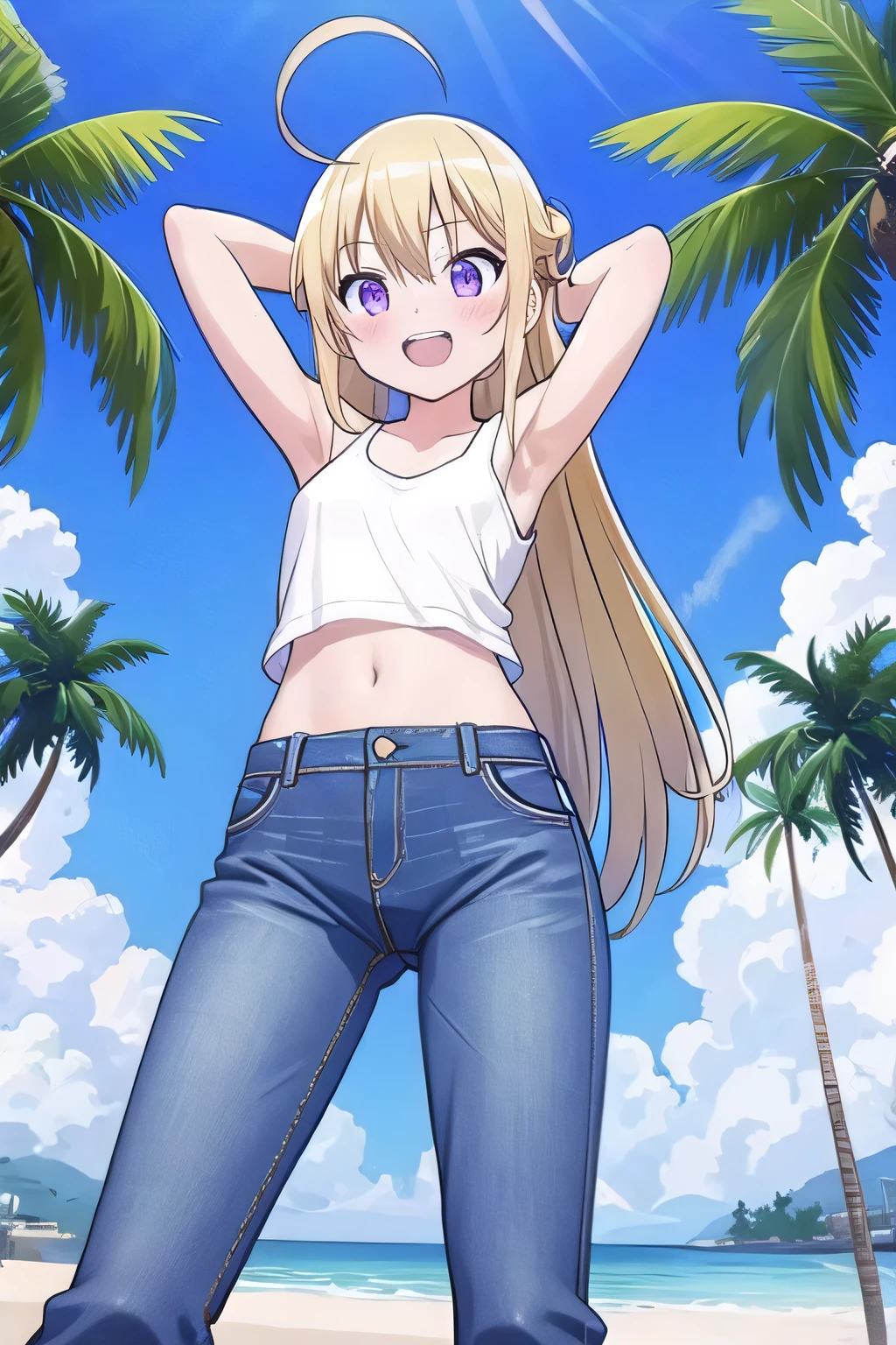masterpiece, best quality, ultra detail, ((Perfect Face, perfect eyes, perfect hair, perfect arm)), 1girl, , petite, ((round face, ecstasy, orgasm face, drooping eyes, shame smiling, blush)), dropping eyes, sleepy, Open mouth, ((White teeth)), background((under the beach, (day:1.2), palm tree, bright sky)), miku hatsune, ahoge, (purple eyes:1.2), (blonde hair:1.2), crossed bangs, hair between eyes, hair ornament, (mideum length cut:1.7), (straight hair:1.7), ((arms behind head, hands behind head, fingers behind head)), ((contrapposto)), spread armpits, looking at viewer, (white tank top:1.2), (white crop top:1.2), (jeans pants:1.2, flares jeans:1.2, skinny jeans:1.2, blue jeans:1.2), standing, (legs spread:1.4), sex pose, Sweaty crotch, Steam from the crotch, from below, whole body