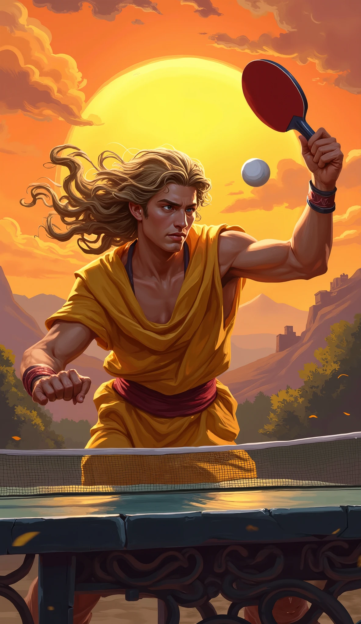 young Apollo playing table tennis, wearing yellow greek clothes, sunset, dynamic pose, long curly blonde hair, oil painting