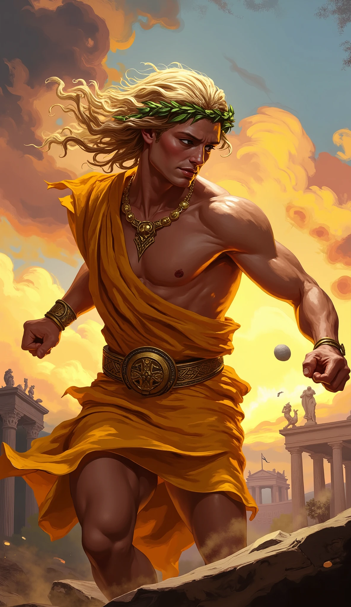 young Apollo playing table tennis, wearing yellow greek clothes with golden ornaments, sunset, dynamic pose, long curly blonde hair, wearing a laurel wreath, oil painting
