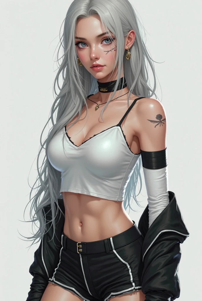 1girl, bangs, bare shoulders, black pants, breasts, breasts squeezed together, gray background, hair between eyes, huge breasts, long hair, looking at the audience, pants, lips apart, red eyes, shirt, simple background, sleeveless, sleeveless shirt, solo, turtleneck, v arms, white hair, realist, photorealistic, (shiny skin: 1.2)