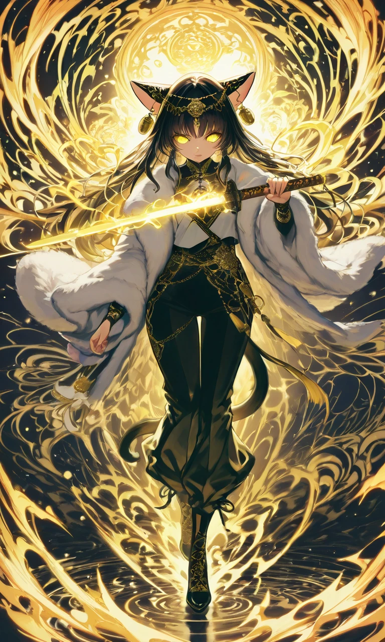 Create a 3D image of a full Body (one girl) in a fur coat, reminiscent of 19th century Chinese painting and engraving styles. The coat is elegantly drawn with intricate patterns and colors of orange and black. A softly glowing lighting energy covers the entire scene, highlighting the silhouette of the girl and creating a dramatic effect. The girl holds a long Chinese sword, adorned with ornate details. Emphasize the contrast between the modern and traditional styles, as if captured at the moment the lighting energy peaks. Use rich colors and textures to enhance the overall quality,(Devine cat:1.5), (detailed face and eyes:1.1), dynamic pose.