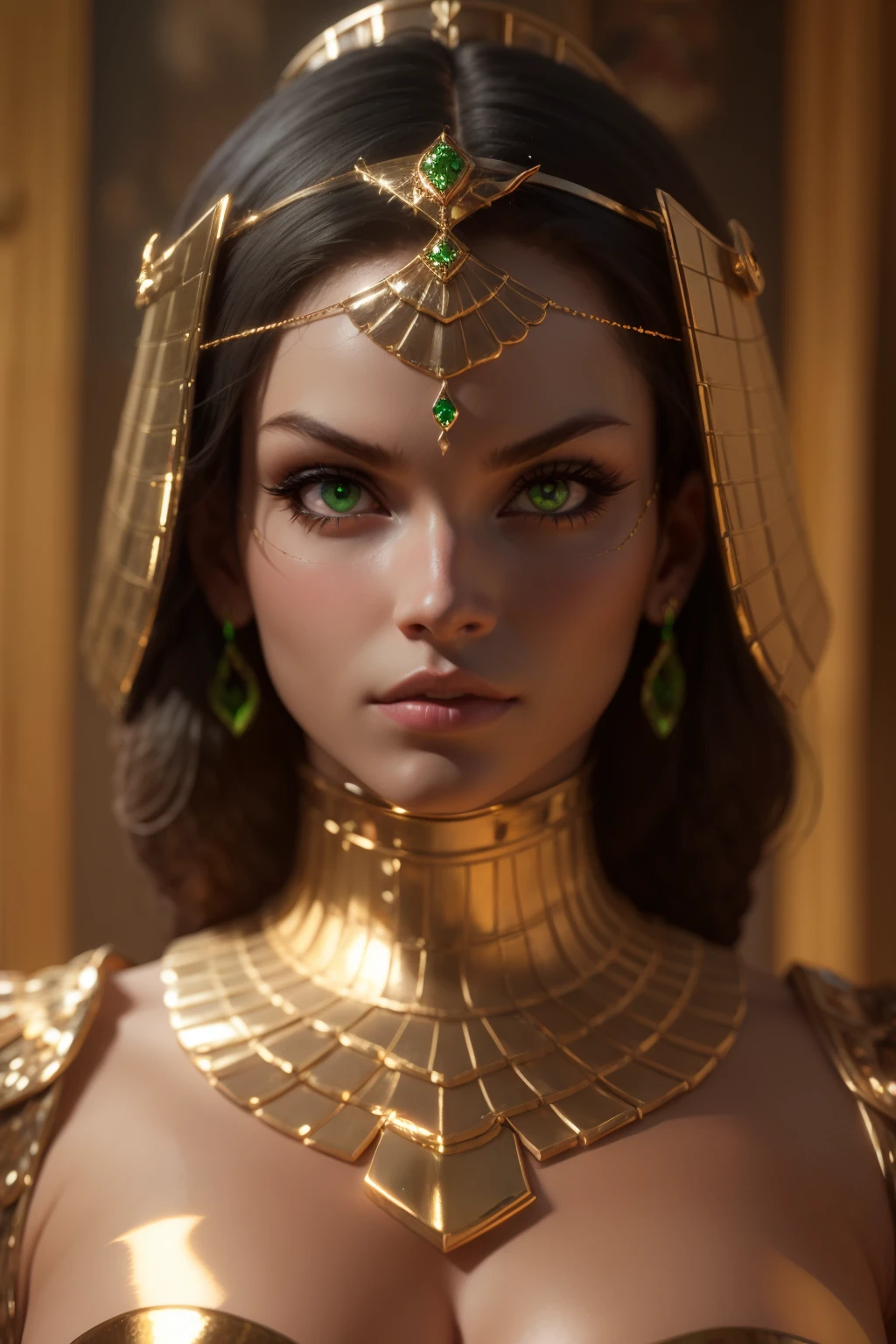 hyper realistic portrait shot of a beautiful egyptian queen, looking down proudly on the camera with her expressive green eyes, tanned skin tone , thin nose , black braided bob hair with golden accessories and jewelries , wearing a white see tough dress