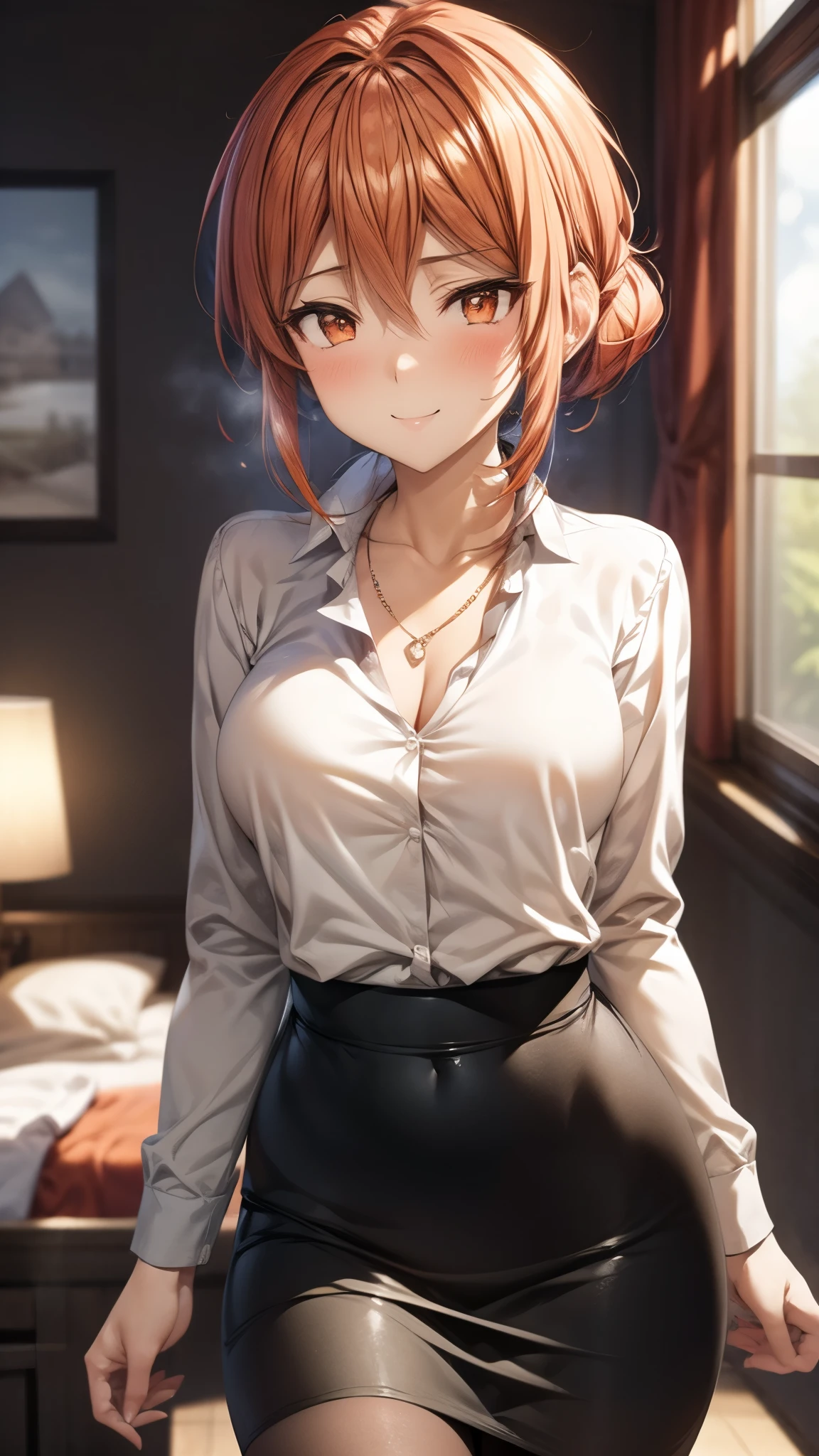 (Ultra High Quality,ultra high definition,16k,Super Masterpiece,Ultra HD ,detailed shading and background,)Sexy Wife,Orange hair put together, white long sleeve shirt,Chest Valley,necklaces,pencil skirt,smile,blush,living,