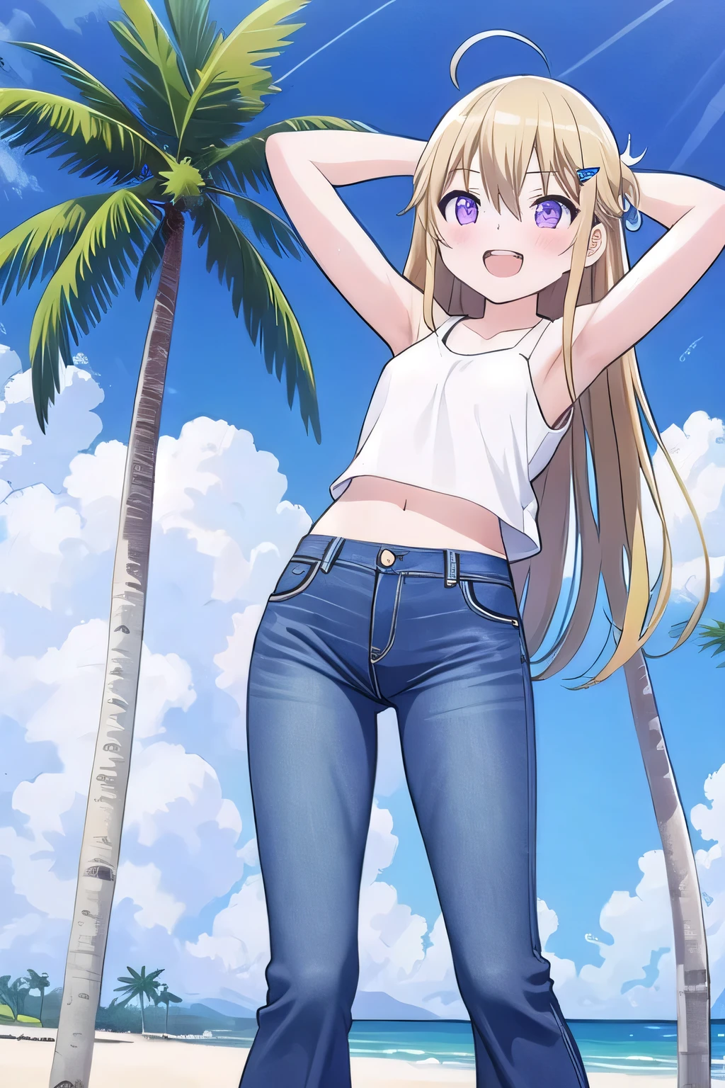 masterpiece, best quality, ultra detail, ((Perfect Face, perfect eyes, perfect hair, perfect arm)), 1girl, , peti ((round face, ecstasy, orgasm face, drooping eyes, shame smiling, blush)), dropping eyes, sleepy, Open mouth, ((White teeth)), background((under the beach, (day:1.2), palm tree, bright sky)), miku hatsune, ahoge, (purple eyes:1.2), (dark blonde hair:1.2), crossed bangs, hair between eyes, hair ornament, (mideum length cut:1.7), (straight hair:1.7), ((arms behind head, hands behind head, fingers behind head)), ((contrapposto)), spread armpits, looking at viewer, (white tank top:1.2), (white crop top:1.2), (jeans pants:1.2, flares jeans:1.2, skinny jeans:1.2, blue jeans:1.2), standing, (legs spread:1.4), sex pose, Sweaty crotch, Steam from the crotch, from below, whole body