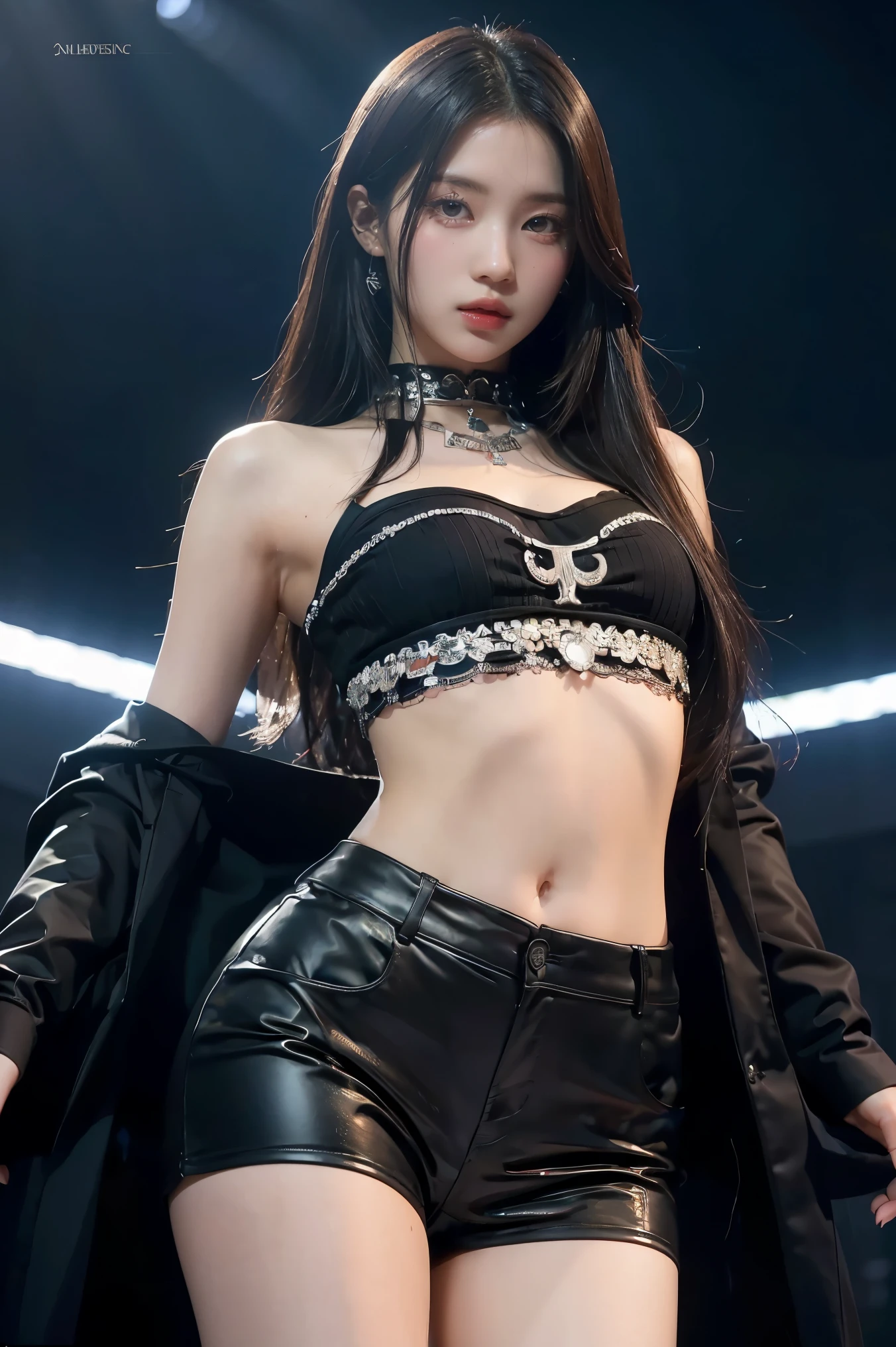 (masterpiece:1.2, best quality:1.2, illustration), (Nillou), scattered long hair, (symmetrical eyes), (slim body), (body curves), dynamic standing pose, dark background, (pov thighs), view from below, ((detailed face)), (detailed eyes), (detailed fingers), ((beautiful fingers)),