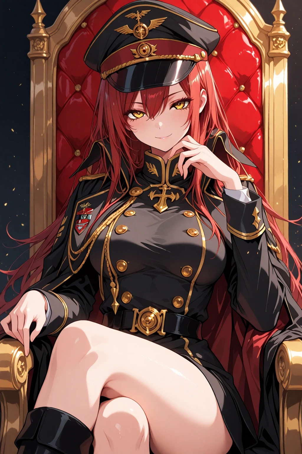 a beautiful and seductive woman with the face of the reference image, sitting on an ornate throne chair, wearing a black military uniform, highy detailed, 8K, Masterpiece artwork, cinematic lighting, dramatic pose, Bright dark, details Intricate, rich colors , chic, majestic, arrogant look from top to bottom, mighty, age between 30 and 40 years, don&#39;t wear a skirt, don&#39;t wear pantyhose, wears pants