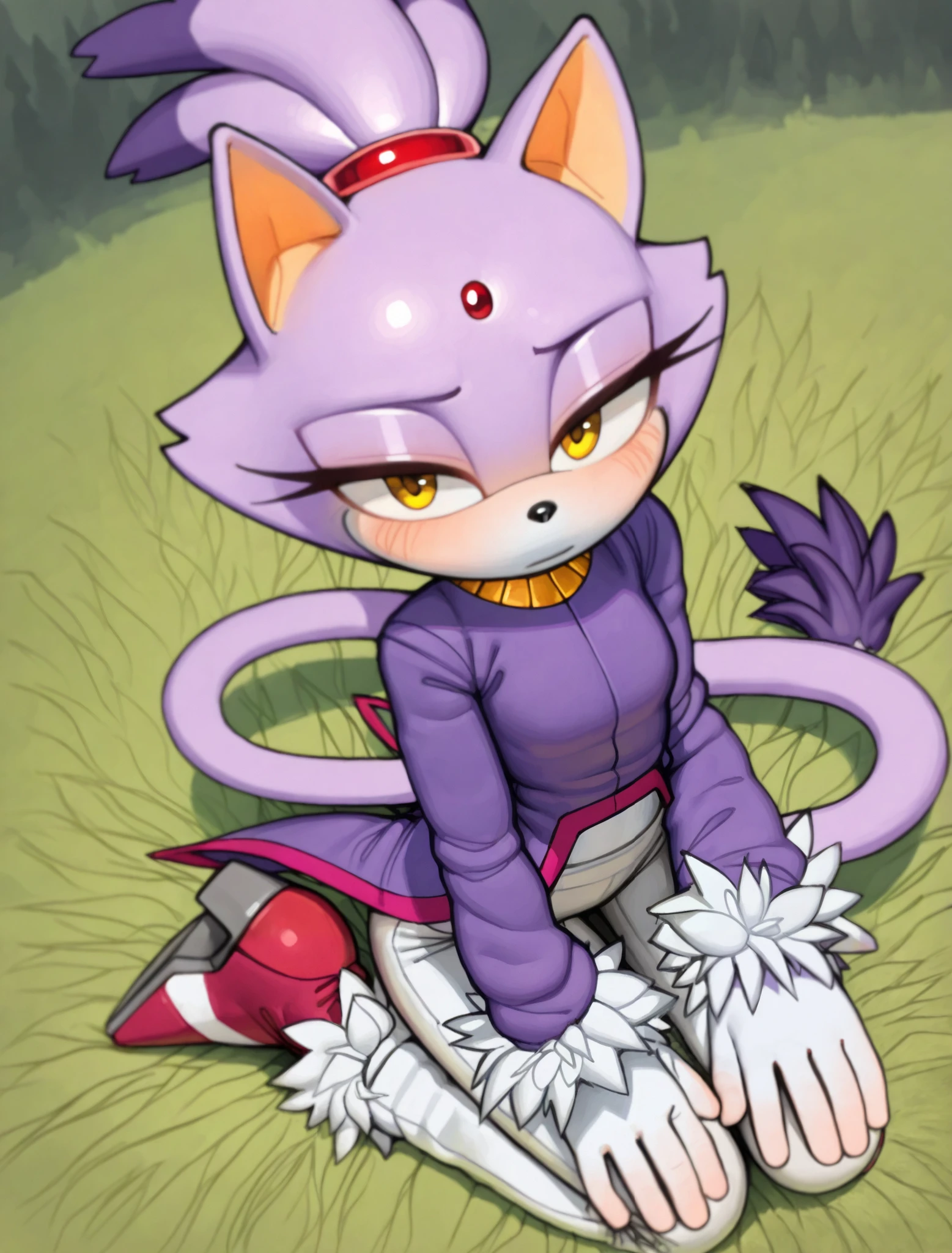 ((Blaze the cat)), ((Pixelsketcher)), ((wamudraws)), ((masterpiece), ((High resolution)), ((solo portrait)), {(purple fur), (black nose), (cat ears), (lidded eyes), (cute yellow eyes), (long tail), (topknot hair), (calm look)}, {(purple tailcoat), (white pants), (red heeled boots)}, {(kneeling on grass), (hand on lap), (looking at viewer)}, ((mountains)), ((sun set))