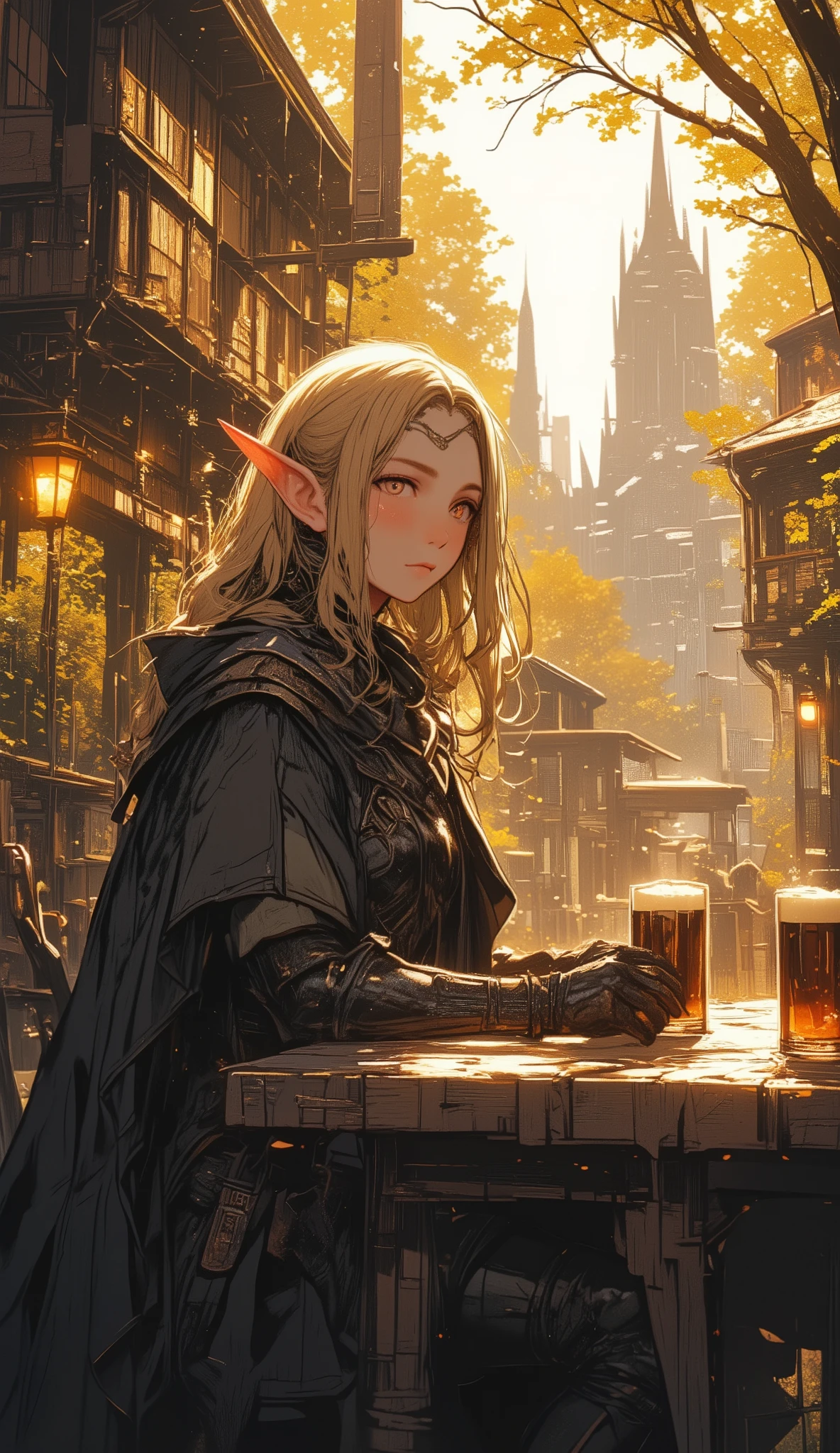 Image is a fantasy-style digital artwork depicting an elf sitting at an outdoor table in a sunlit, medieval village setting. The elf has long, flowing blonde hair and pointed ears, characteristic of elven features. She is dressed in dark, intricately detailed armor with a cloak, suggesting a warrior or adventurer role. Her skin is fair, and she holds a mug of ale, with another mug on the table. The background is filled with wooden, multi-story buildings, bathed in warm, golden light filtering through the trees, creating a serene and magical atmosphere.Anime style
