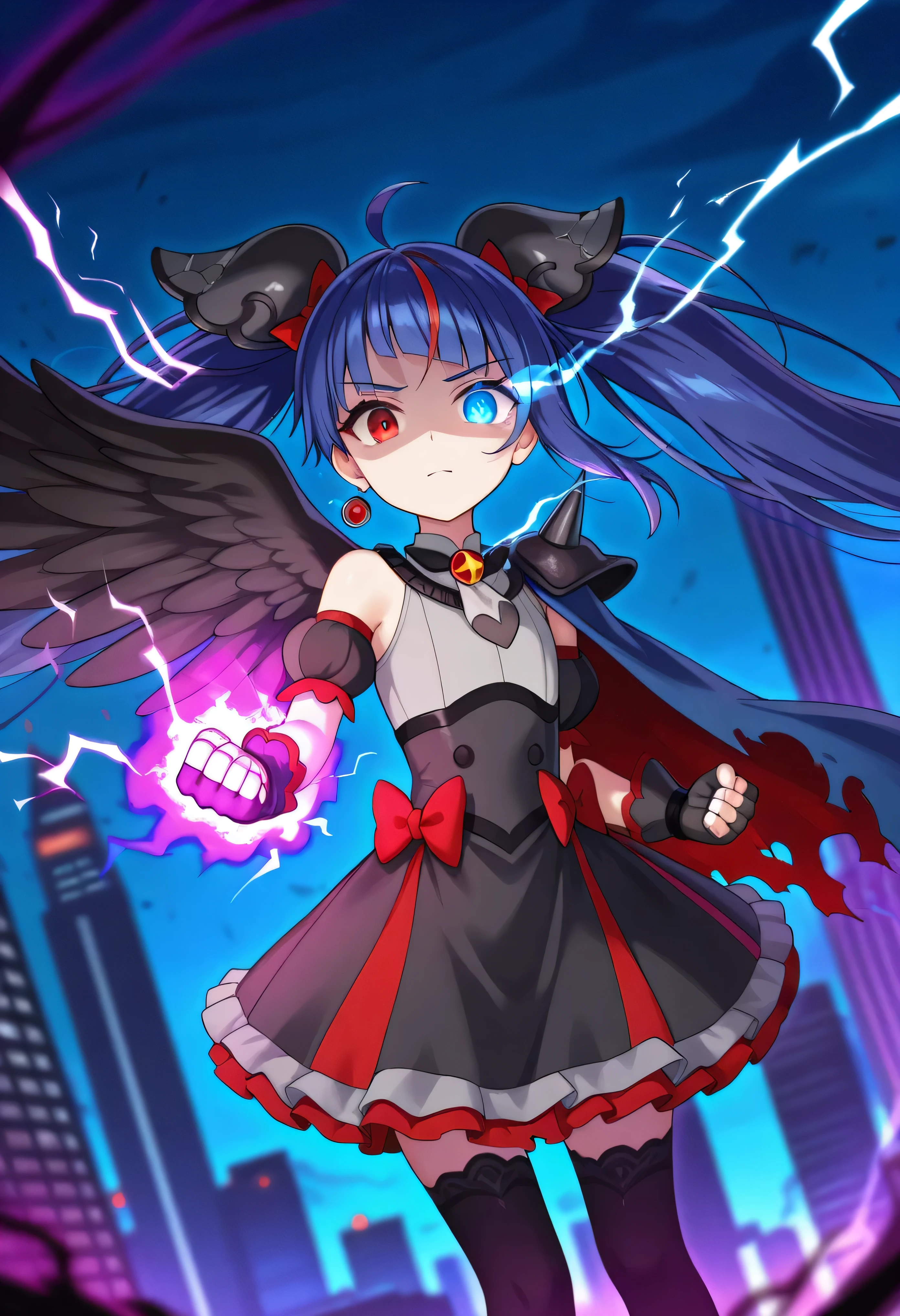 1girl, curesky-dark, general,
broken hair ornament, single earring,
brooch, grey dress, puffy detached sleeves, single wing, bare shoulders, spikes, torn cape,
black fingerless gloves,
black skirt, red bow,
black thighhighs, zettai ryouiki,
flat chest, dark blue hair, very long hair,
heterochromia:1.1, red eyes, blue eyes, flaming eye,
serious:1.2, closed mouth, shaded face, looking at viewer,
cowboy shot, dutch angle,
standing, clenched hands:1.2, glowing hand,
(powering up:1.2, dark aura:1.5, dark effect:1.5, electricity:1.2, sparks:1.2, black lightning:1.2), wind, floating hair,
(night, night sky, skyline, skyscraper, city), depth of field,
masterpiece, best quality, amazing quality, newest,latex