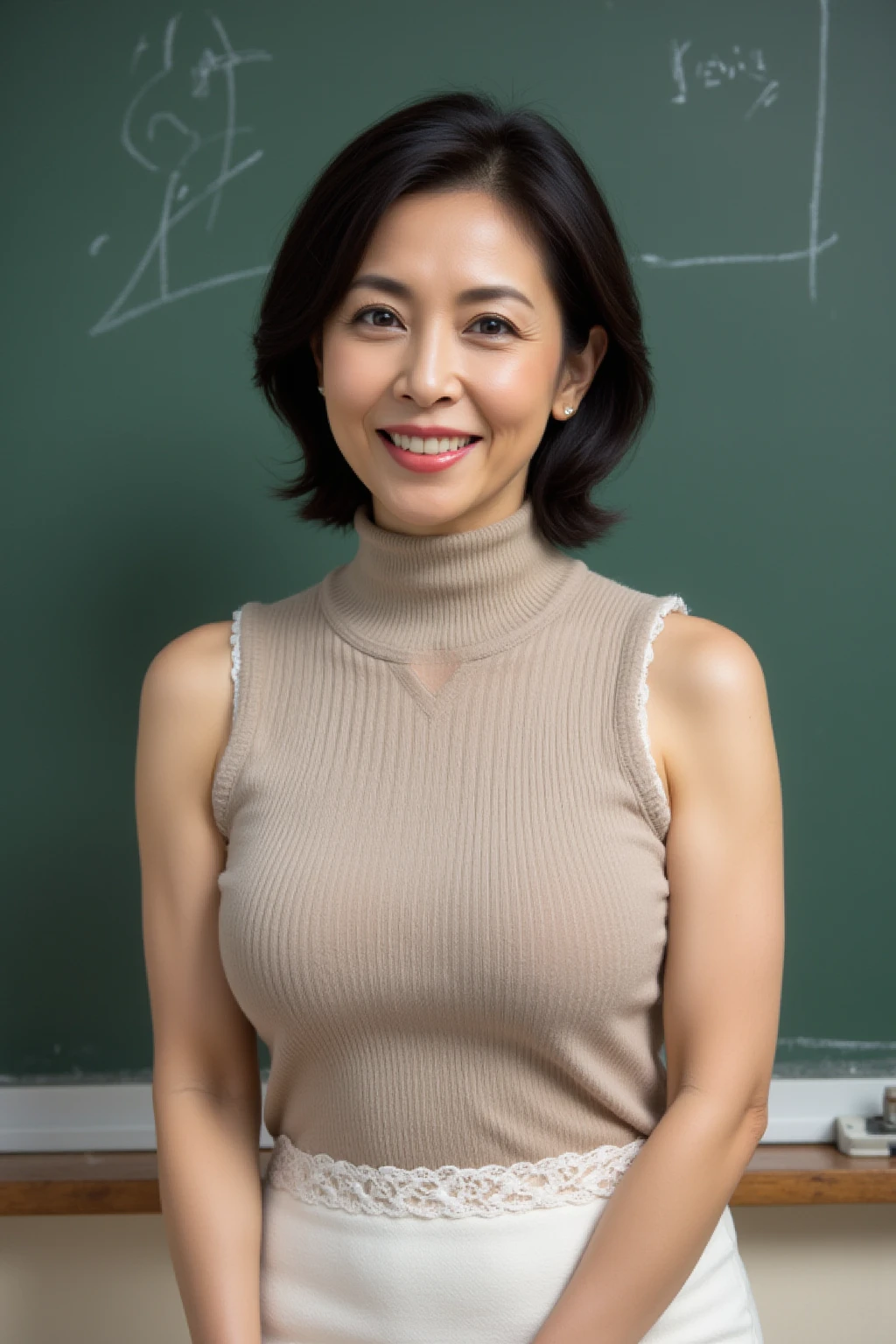 48 years old　Big Breasts　woman　A kind smile　Big eyes　Front teeth　Short Bob Hair　Japanese　classmate　Saggy breasts