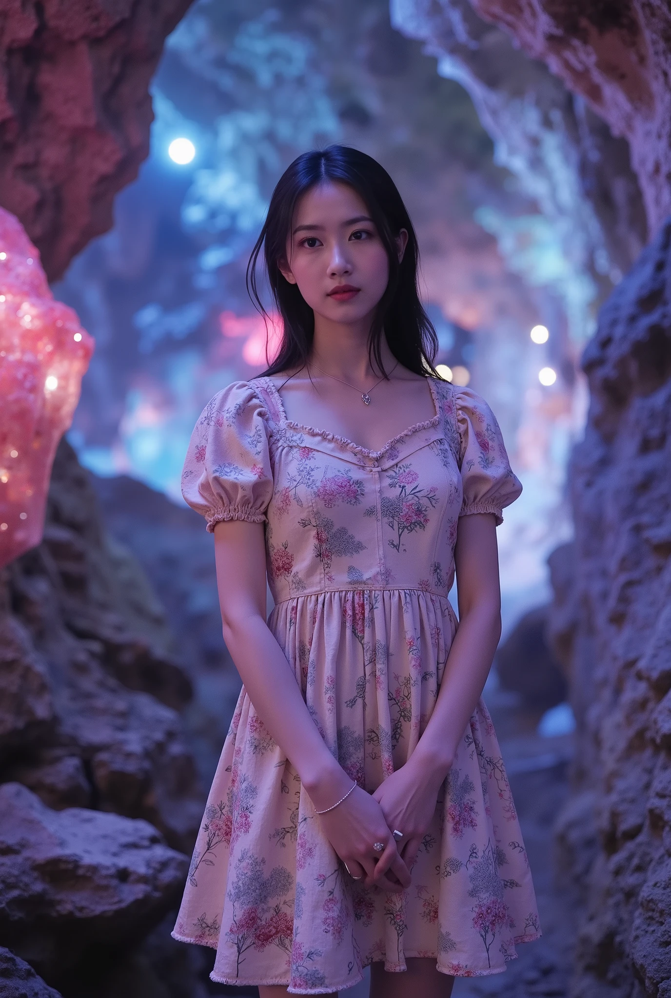Create an image of a fair-skinned Japanese girl stands gracefully in a knee-length, whimsical mini dress. Her medium-length straight hair flows gently around her shoulders. The enchanting backdrop features a fantastical mineral cave, illuminated by the vibrant colors of shimmering crystals. The scene is enhanced with cinematic lighting, creating a magical atmosphere.