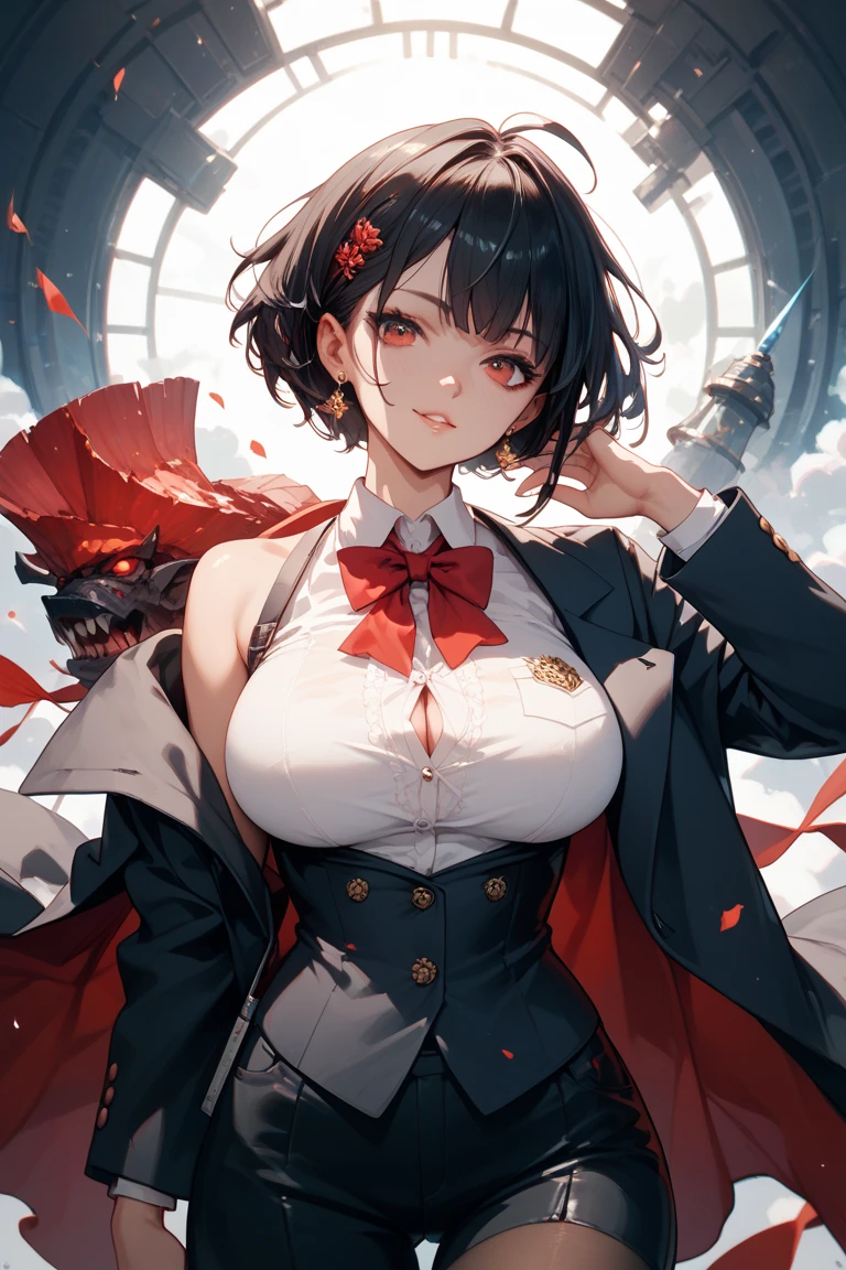 Highest quality, Official Art, masterpiece, Fabric Shading, High resolution, Very detailed, colorful, Best details, Fantasy, suit, Song Joo A:1.5, 1 female, Age 25, Standing on the stairs,Pub with castle view, Many Stars々Shining night,short hair, bob cut, black hair, wavy hair, {Surrounded by a lot of people:1.9}, Confetti falling、Blessed、Welcomed:1.5, whole body:1.6