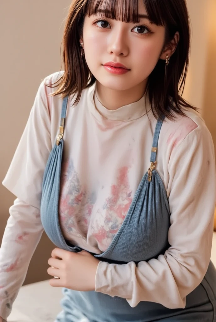 top-quality、8K、profetional lighting、Shiny skin、large boob、Large breasts,Underbust、a small face、Big eyes、big butts、(huge firm chest) ,(Narrow waist,toned thighs), (Beautiful eyes,Beautiful hair)、Nursery teacher、preschool teacher、Cute apron、heart shaped name tag、baby bottle in hand
