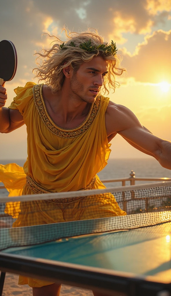 candid an photo of prince charming, 23 year old male supermodel, attractive and exotic, short curly blonde hair, a masculine appearance with slender smooth body, delicate and symmetrical face, natural olive skin tone, ((standing on a large seashell)), position in a graceful contrapposto stance, inspired by Sandro Botticelli's painting The Birth of Venus, he is wrapped in classical drapery sheer rainbow color fabric, with flowing dramatically in the wind, some fabric to billow as if caught by a gentle breeze. The composition include mythological elements, such as a backdrop of a serene with a golden sunrise and nymphs to frame the scene. Illuminate the scene with soft diffused lighting to create a dreamlike, celestial atmosphere, capturing the delicate interplay of light and shadow on his face and body. ((full body shot)), wide-angle lens on a high-resolution DSLR camera to capture the grandeur and intricate details of the setting, while shooting from a dynamic angle to emphasize the model's majestic presence. The overall mood should blend the classical elegance of Botticelli's work with a modern, high-fashion aesthetic, producing an image that feels both timeless and contemporary, adding the Two Cherubs in the sense to balance and harmony the photo, evoke the soft ethereal quality of the Renaissance style, POV, raw photo, ((masterpiece)), ((best quality:1.4)), High Resolution, (ultra_realistic:1.37), (photorealistic:1.4, (NSFW), ((Pay attention to the layer and arrangement of body parts and surrounding objects)), ((Pay attention to the body composition)), ((Correct body structure)), ((Correct photo distance)), romantic atmosphere, lively extremely Gorgeous background),