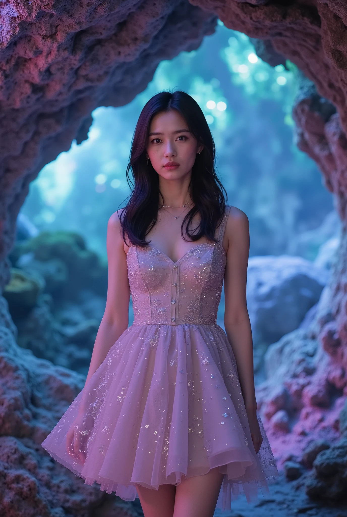 Create an image of a fair-skinned Japanese girl stands gracefully in a knee-length, whimsical mini dress. Her medium-length straight hair flows gently around her shoulders. The enchanting backdrop features a fantastical mineral cave, illuminated by the vibrant colors of shimmering crystals. The scene is enhanced with cinematic lighting, creating a magical atmosphere.