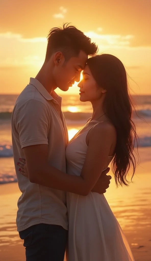 45 year old Asian woman, beautiful and plump, weight about 80 kg, wearing underwear with big breasts, cleavage, big ass, hot body curves, kissing a handsome 21 year old guy on the beach, both of them passionately kissing on the lips, sexy pose, man in shirt and pants