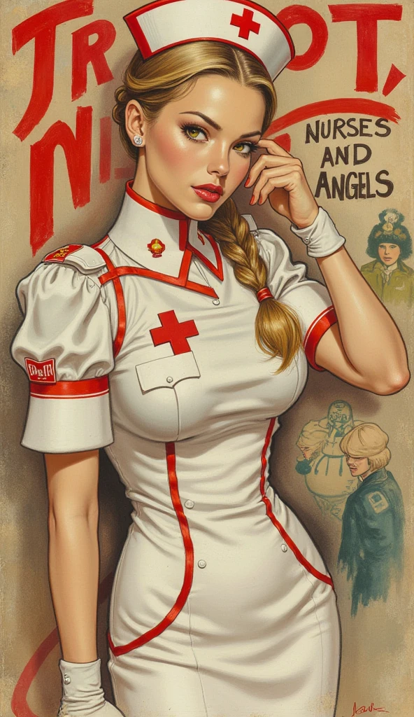 Detailed proportions and textures and multi-color with airbrushed brush strokes that presents a semi-realistic illustration in ChineseA beautiful and delicate young woman wearing a Prussian and military-punk style nurse uniform where white and red tones predominate, mixed with opaque colors (full body, with a confident and daring stance, playful look, bright yellow-gold eyes, defined eyebrows, long eyelashes, perfect face, full lips, round and huge breasts, flat stomach, wide hips, thin waist, thick thighs), Her long, straight blonde hair is tied in a (long) braid that falls down her back. Her uniform consists of a long white dress with short sleeves and scarlet red trim, beautifully decorated with Red Cross symbols on both the chest and sleeves, a tight, high-waisted, knee-length pencil skirt, and a nurse's cap decorated with the Red Cross insignia. In the background, a propaganda poster encouraging patriotism features large red letters reading "PATRIOT, NURSES, AND ANGELS," and an image of two women carrying first aid kits, in the Victorian-era style. The composition, halfway between vintage and cyberpunk, of the overall image is a clean, crisp, and high-quality. very balanced saturation in the color palettes very defined (Color with monochorome intense shaded tones and shine, tone red 25% + yellow 25% + blue 25% + biofluorescent 12.5%+ transparencias 12.5%. Aesthetic fusion by (Fibonacci ratio. A poupée realiste of a young nurse girl. of a young nurse girl (Including a variety of pink skin and dark-beige tones that give it contrast and shine) character type. Fluid texture that gives the sensation of movement to the Thin, fine of leaves that moulds to the figure (her clothes with relief and folds give volume and depth to the character) style. Haute couture photoshoot (in high quality of full body). Sharp Highly Detailed Soft Focus, Approaching Perfection, Full HD 8K. High and Low Angles. of Coco Chanel, Gianni Versace, Alberto Vargas, Greg Rutkowsk art style fusi