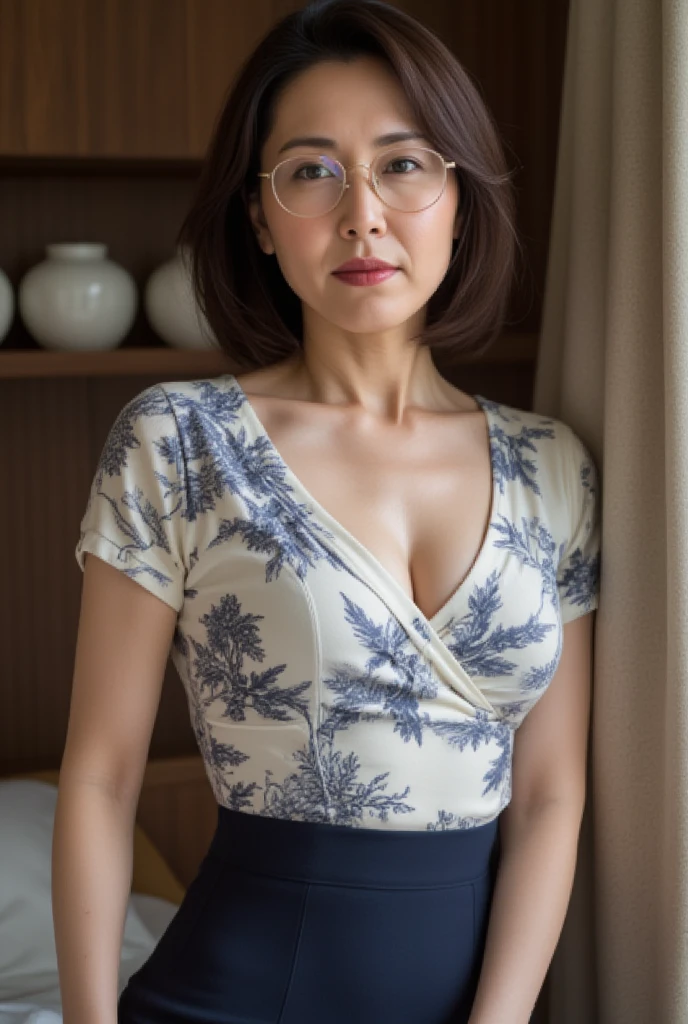 60 year old woman、(((facial wrinkles)))、Beautiful woman、smile、spread your legs、cute clothes,wear glasses
