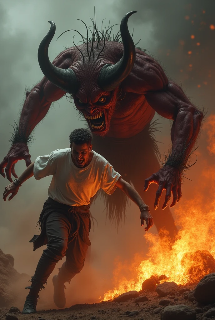 a very tall and muscular lumberjack with a, big beard and a red plaid shirt , blood on lips, scar on right eye, he fight with a gigantic dark creature with horn and red eyes, scenery fight, Village scenery in flames.